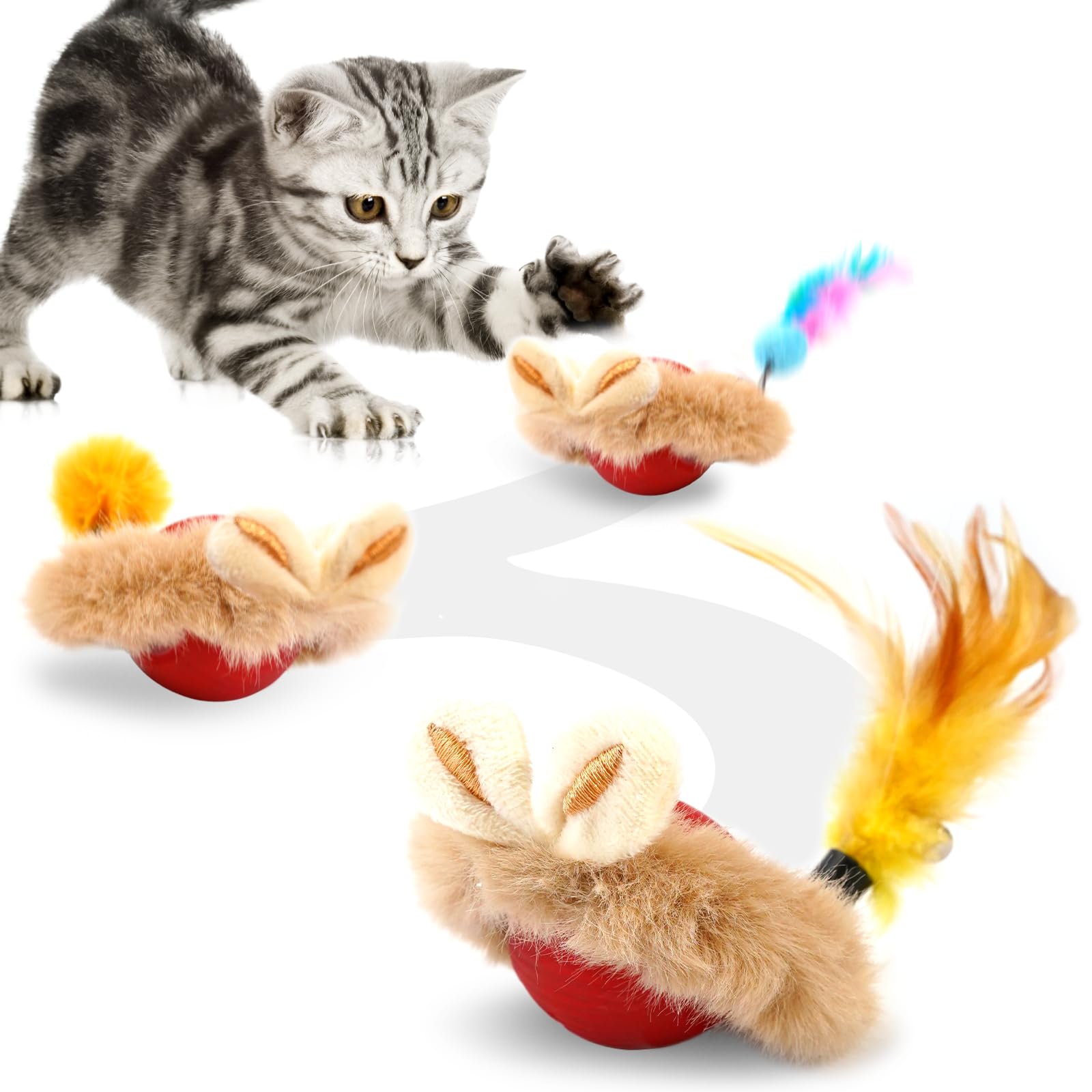 JLDVP Cat Interactive Ball Toy with Feather, The Upgrade Agile Moving Cats Ball, Touching Automatic Moving for Bored Indoor Adult, 3-in-1 Pet Toy for Indoor