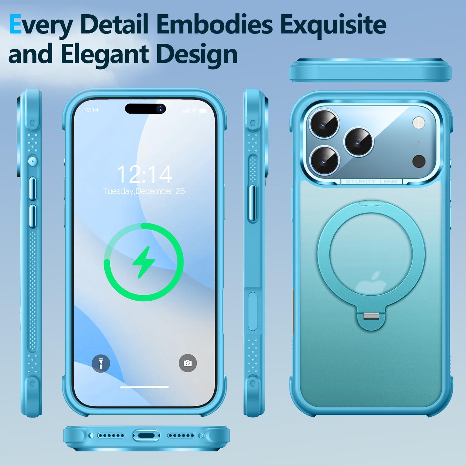 O3 Mag-Stand Designed for iPhone 17 Pro Case with 360° Spin Stand, [Compatible with mag Safe][Super Skin Feeling] Translucent Matte Magnetic Slim Phone Case 6.3 inch, Matte Lake Blue