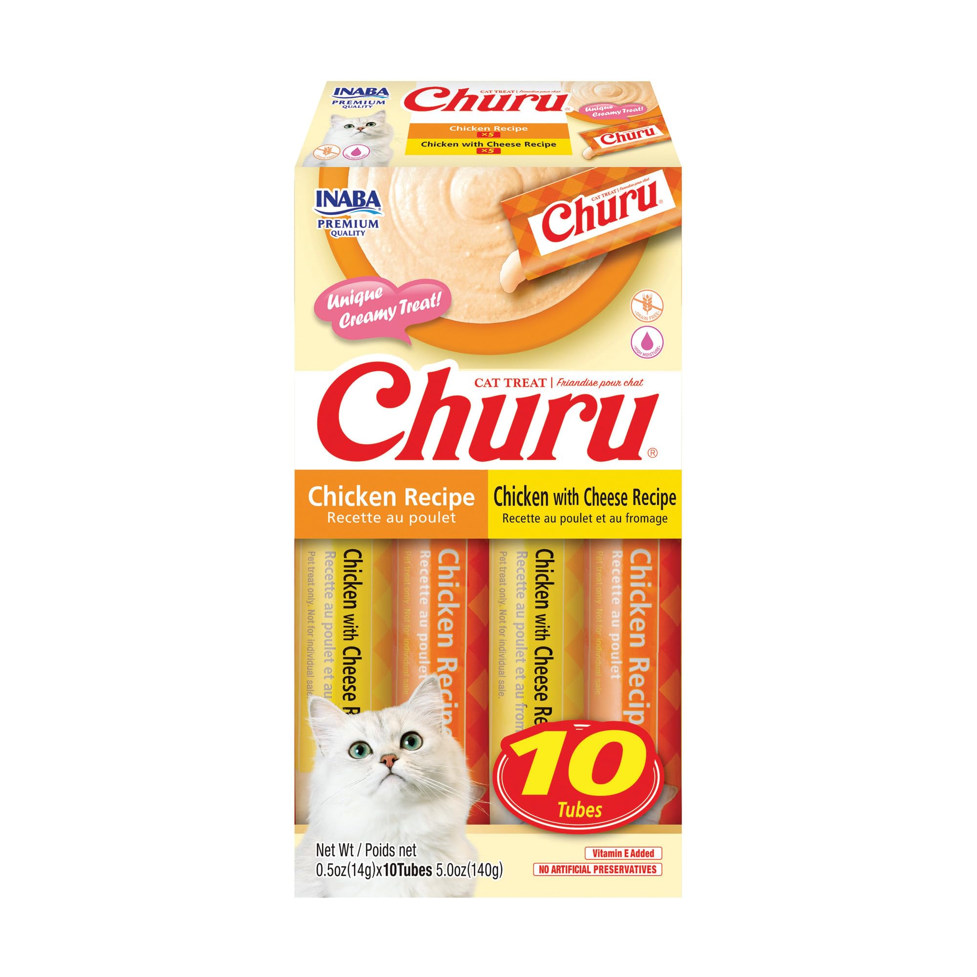 INABA Churu Cat Treats, Lickable Purée Treat/Topper with Vitamin E, 5 Chicken Recipe, 5 Chicken with Cheese Recipe