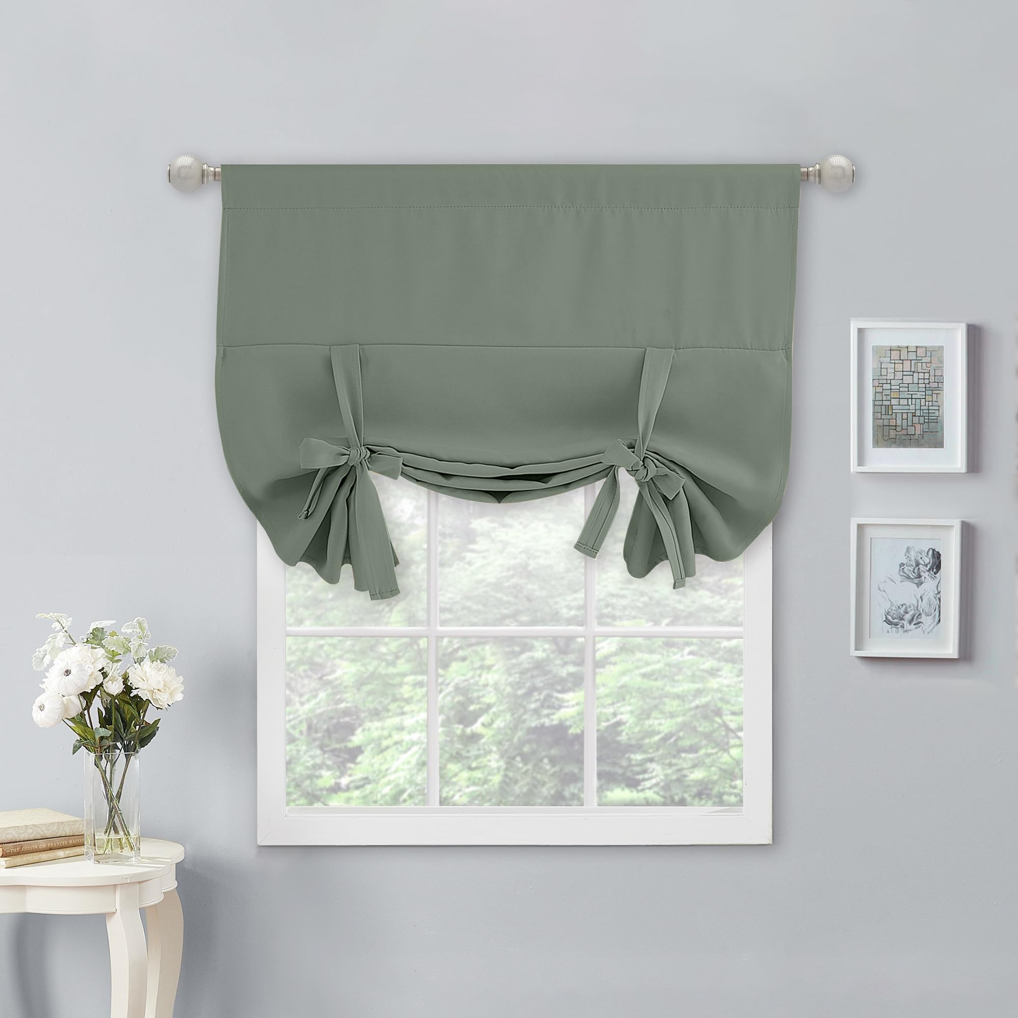 NICETOWN Tie Up Valance Curtains for Window Adjustable Valance 54 Inch Long Farmhouse Window Treatment for Kitchen Living Room Light Filtering Rod Pocket, 1 Panel, Greyish Green, 40W x 54L