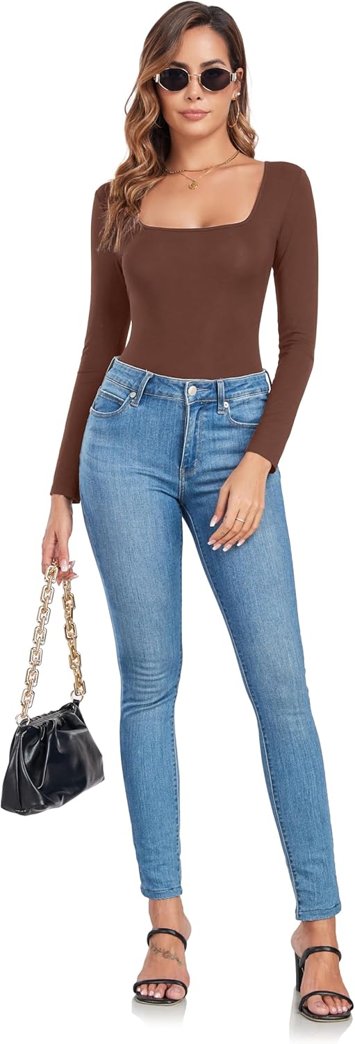 Long Sleeve Bodysuit for Women Square Neck Body Suit Top Women Slim Fitted Lightweigh Basic Sexy Top - Image 5