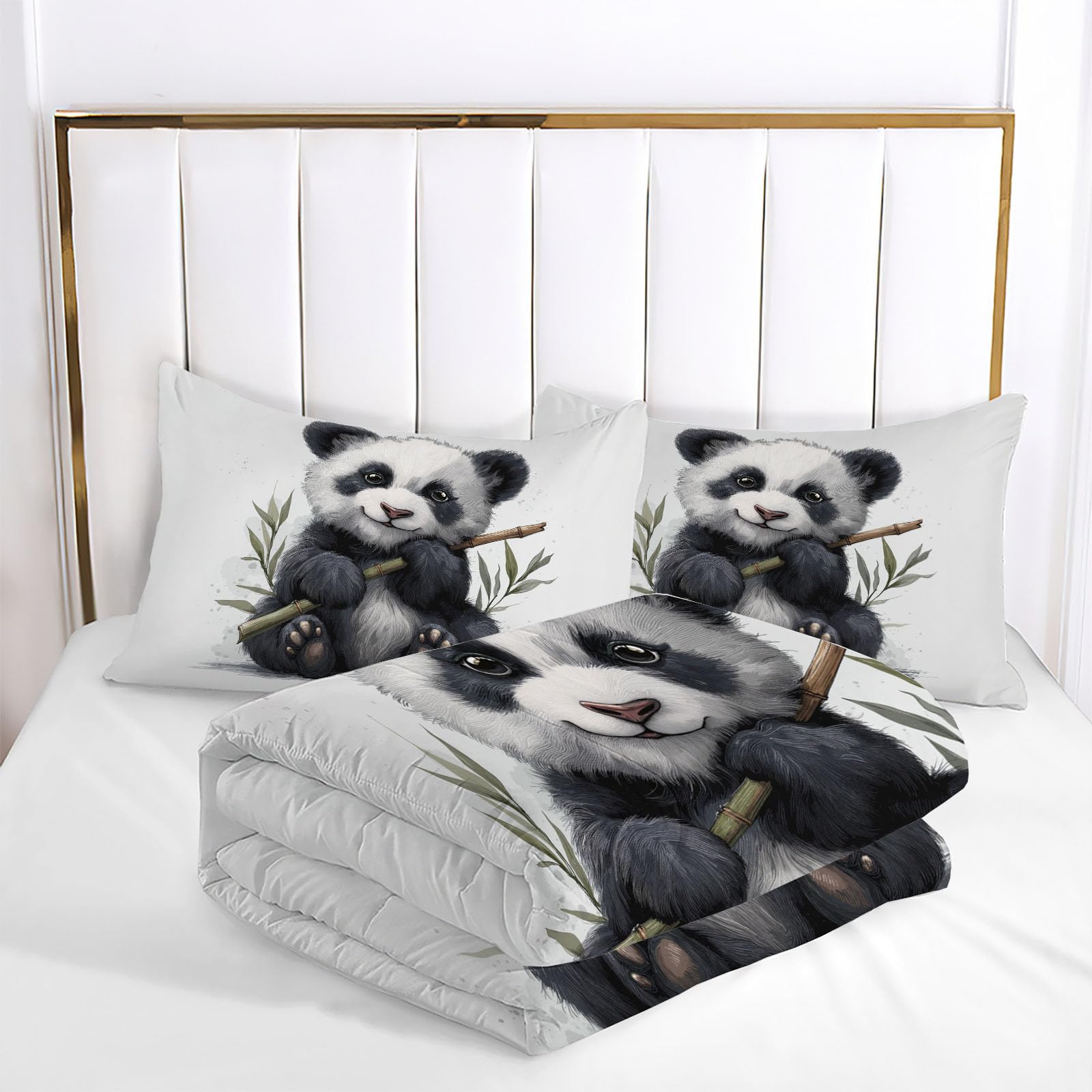 Trapunta Letto Singolo 4 Stagioni Piumone per Bambini, Cartone Animato Panda Bambù Leggero Carini Animali Set di Biancheria da Letto 140x200cm con 1 Federe,Piumino Lavabile In Lavatrice