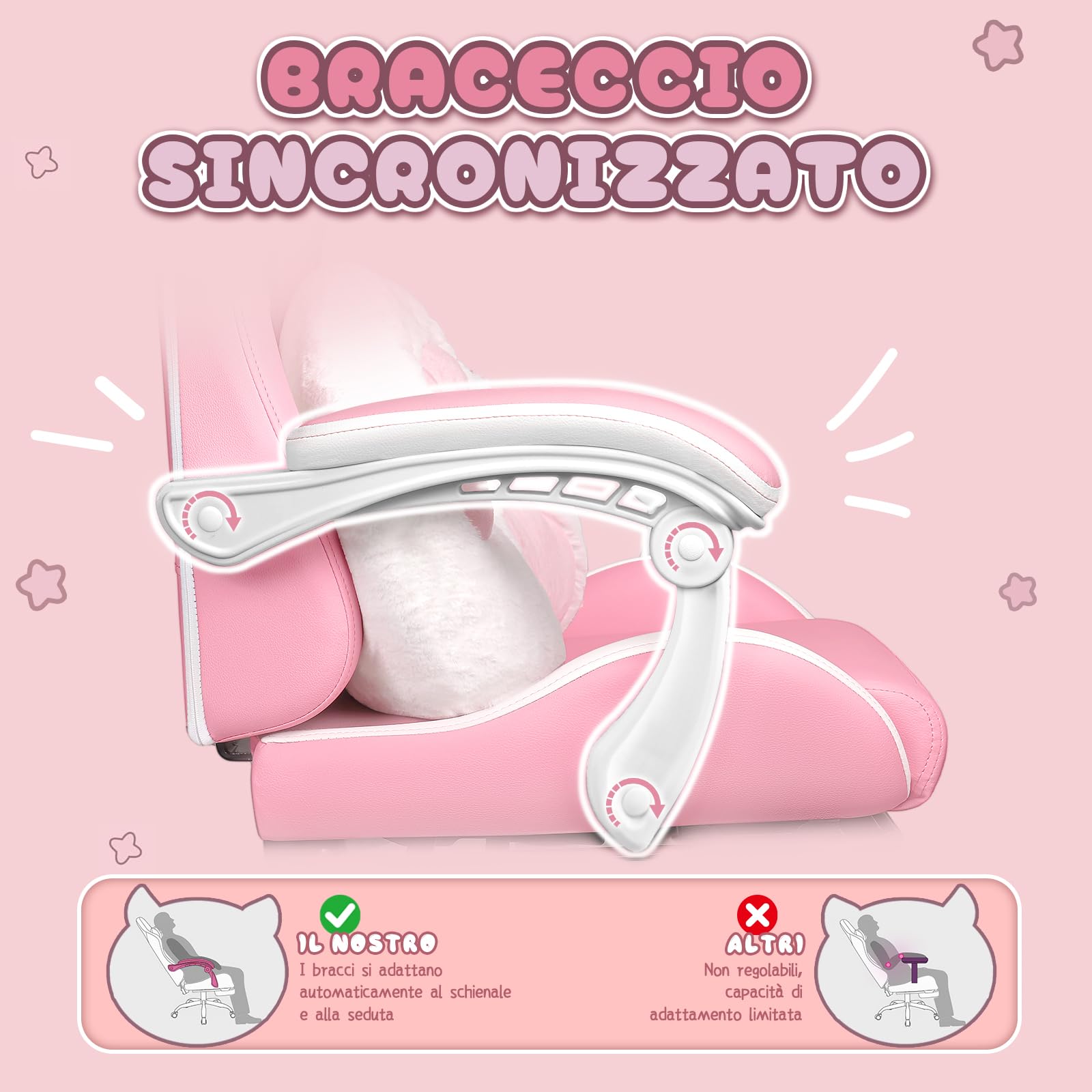 Waleaf Sedia Gaming Rosa, Sedia da Gaming Ergonomica con Regolabile Poggiapiedi, Poggiatesta, Supporto Lombare, Poltrona per Computer con Orecchie da Gatto, Altezza Regolabile