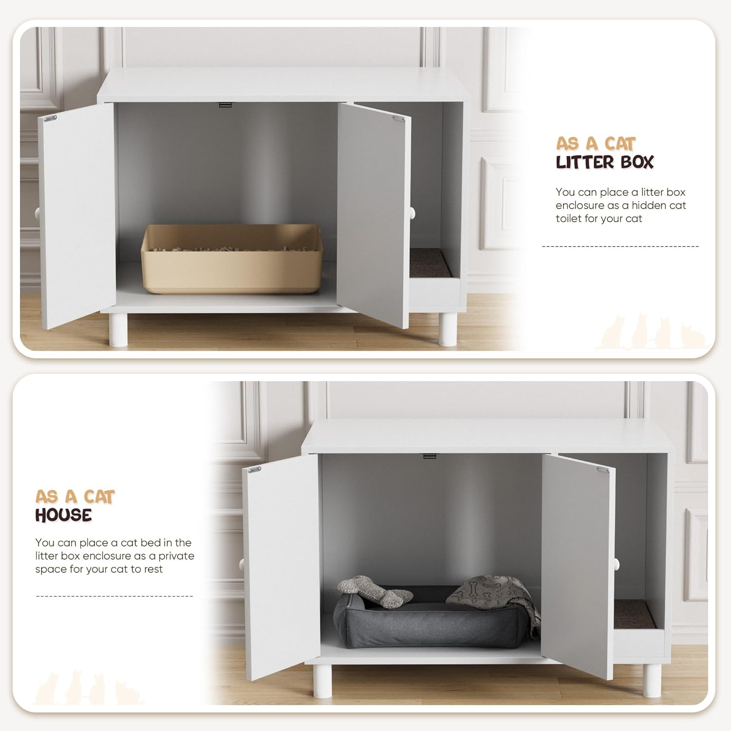 WARCAT Cat Litter Box Enclosure, Modern Hidden Litter Box Enclosure Furniture, Hidden Washroom with Scratch Pad, Barn Door Design, Indoor Cat House & End Table (White)