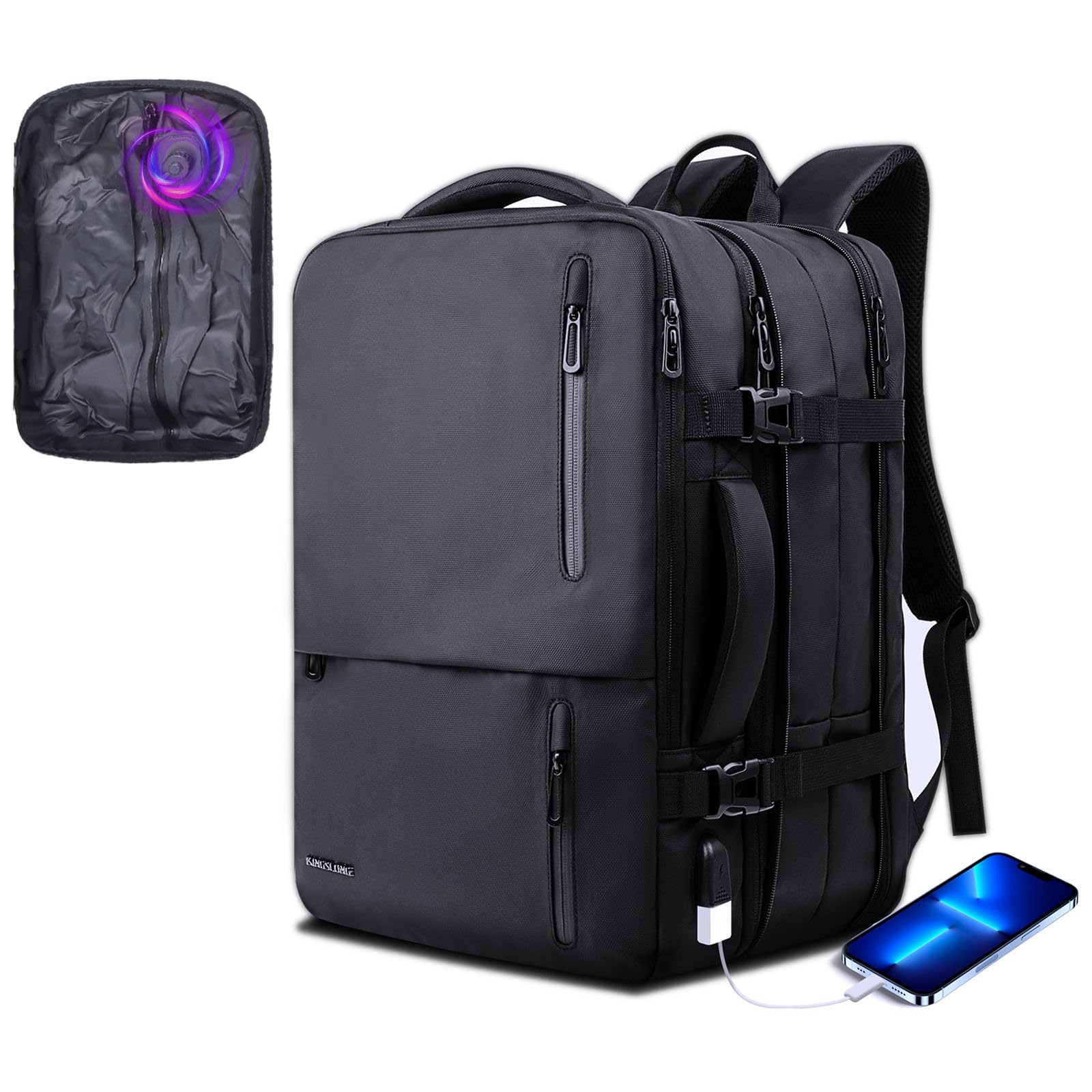 KINGSLONG Sac à Dos Cabine Avion avec Pompe à Vide Intégrée, Sac à Dos | Voyage Compression Sous Vide pour Homme, Extensible 46L, Sac Ordinateur Portable 19 Pouces, USB, Résistant à l'Eau, Business