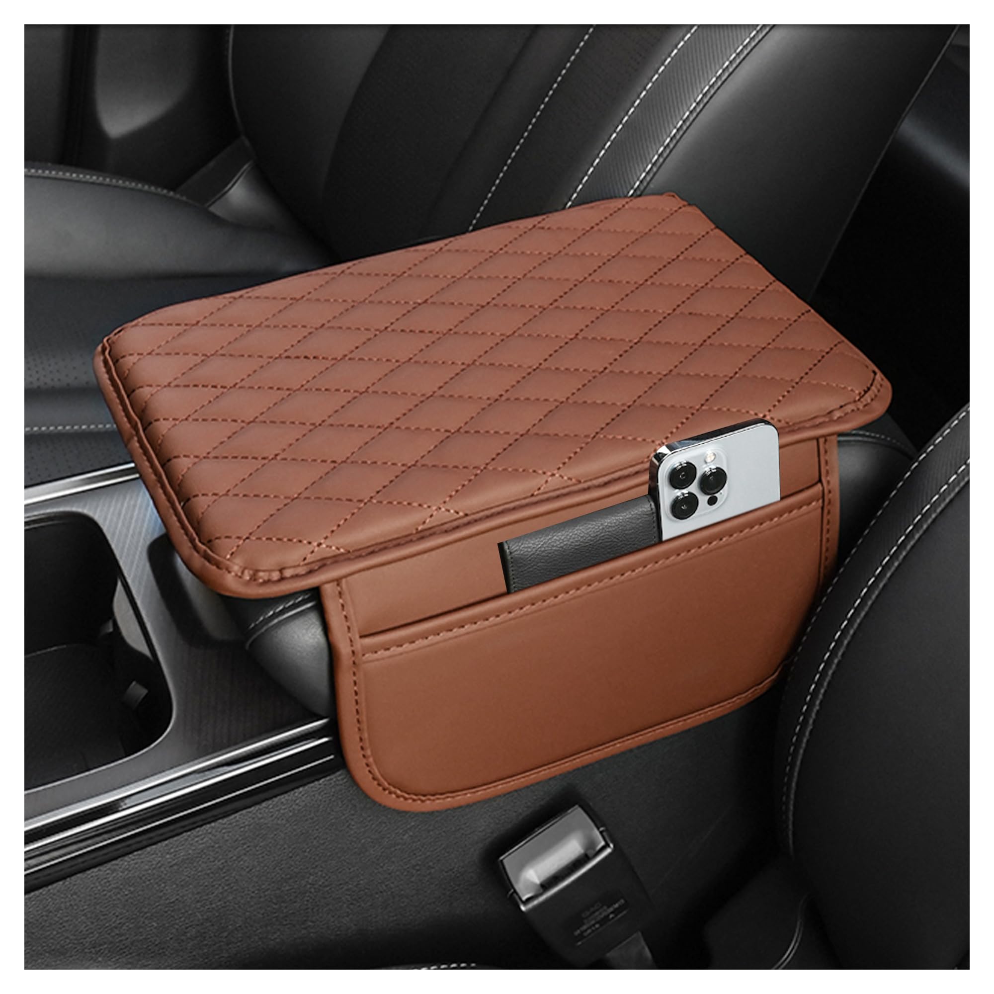 Upgraded Mittelkonsole Auto Armlehnenschoner,Microfiber Leder Auto Armlehnen Polster mit 2 Autositz Organizer Aufbewahrungstaschen,Universelle Auto Zubehör Innenraum für Armlehne Auto (Braun)