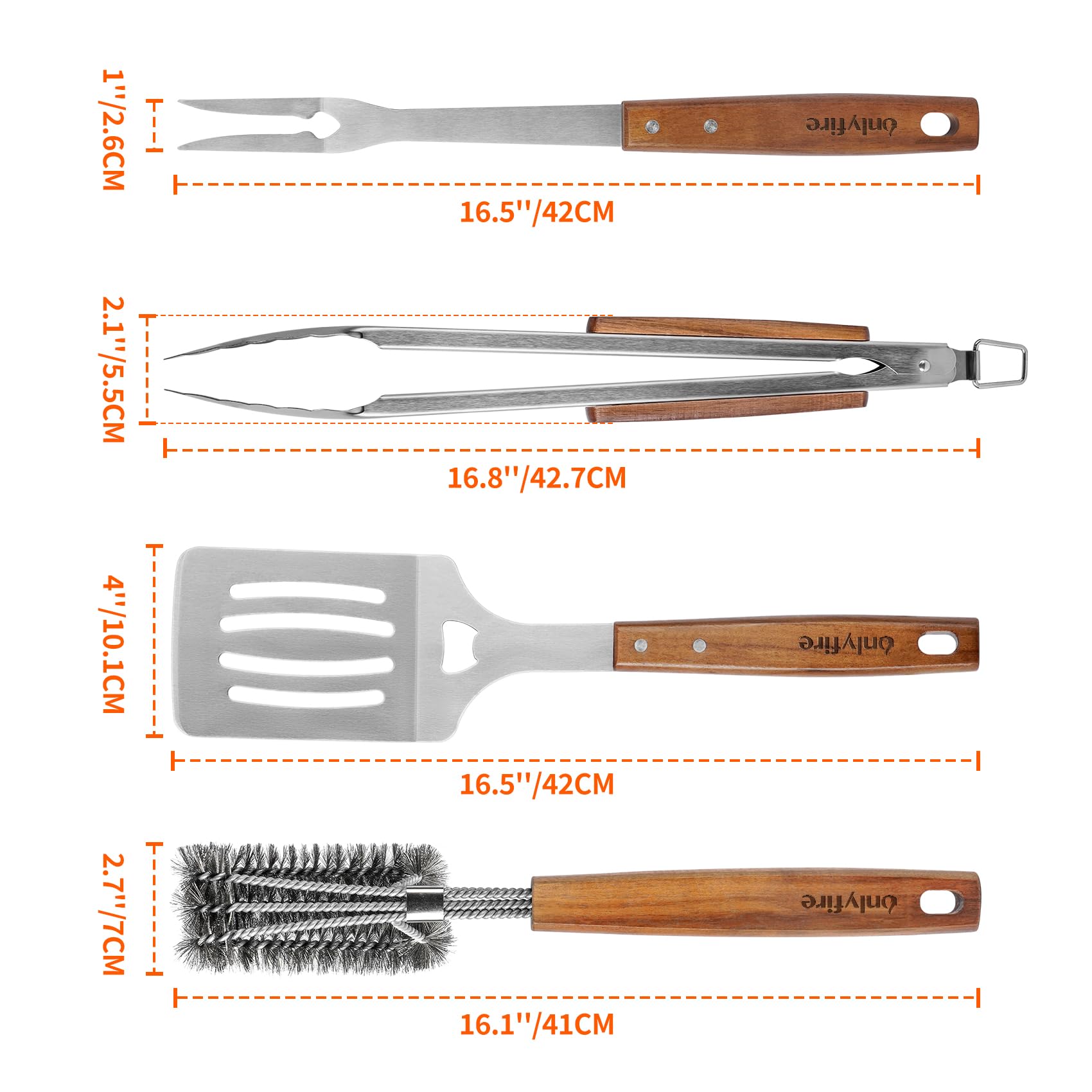 onlyfire Grillbesteck Set 4-TLG, Grill Zubehör Set Enthält Grillzange, Grillwender, Fleischgabel und Grillbürste mit Extra-Langen Holzgriffen & Aufhänge-Ösen, Grillzubehör aus Edelstahl & Akazienholz