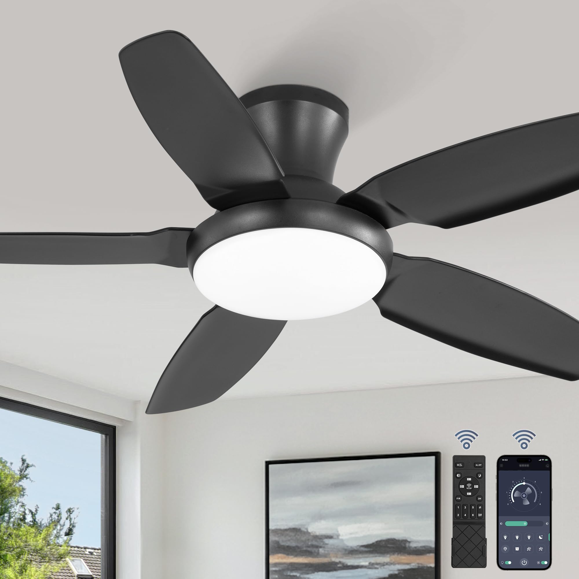 Fanbulous Ceiling Fans with Lights 42 inch Low Profile Flush Mount Ceiling Fan with Remote APP Control Black