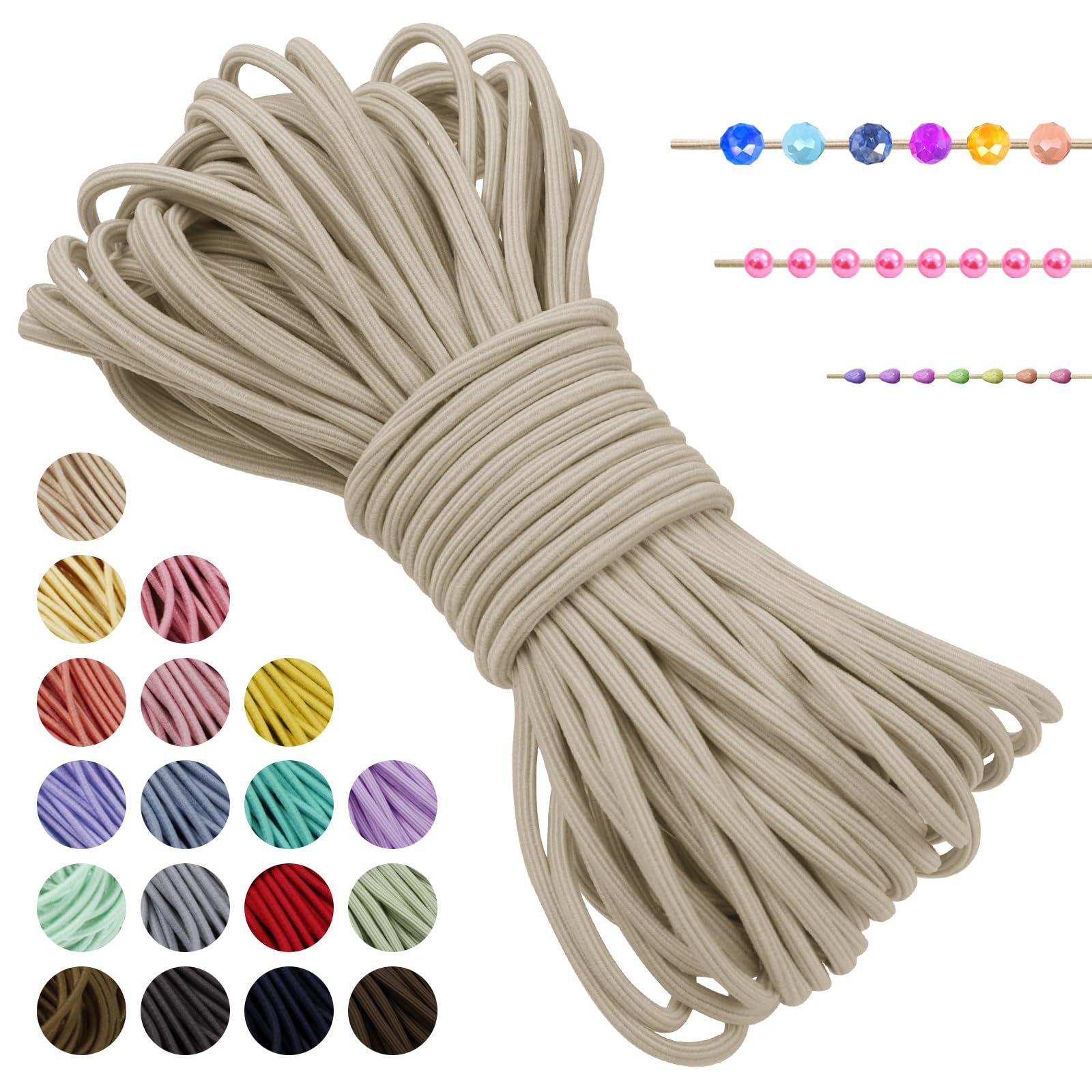 LEREATI Beige Elastic Cord 3mm x 20m Bracelet Elastic String Necklace Cord Elasticated Bead String, Stretchy String for Bracelets, Necklace, Sewing, Beading, Jewellery Making
