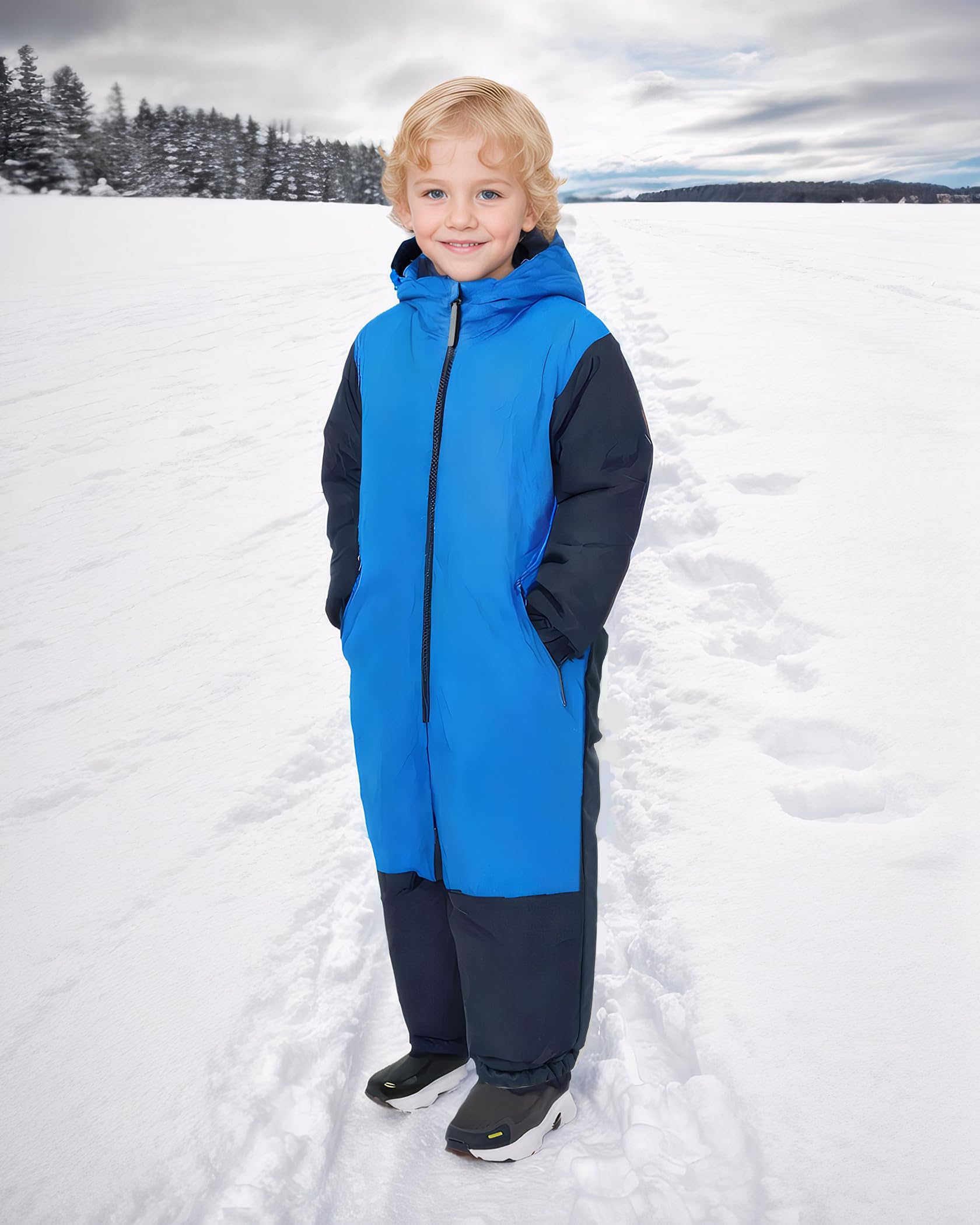 Owntop Schneeanzug Kinder Unisex, Schneeoverall Mädchen Jungen, Winddicht Wasserdicht Skianzug mit Kapuze Reißverschluss 98-122
