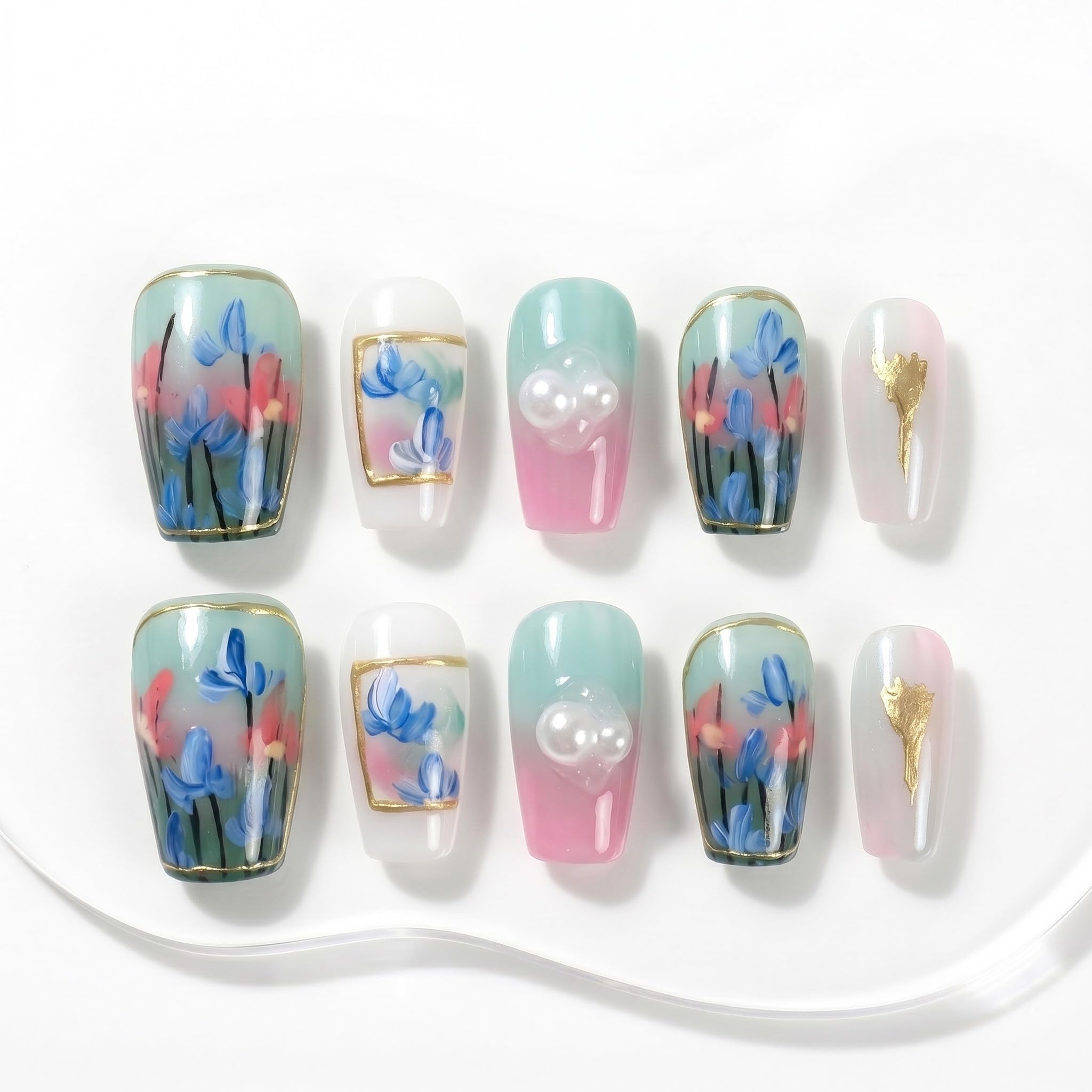 Sun&Beam Nails Handmade Press On Nails Short Square Nude Pink Blue Floral Glossy 10 Pieces Easy At Home Manicure for Everyday Wear (#013 XS)