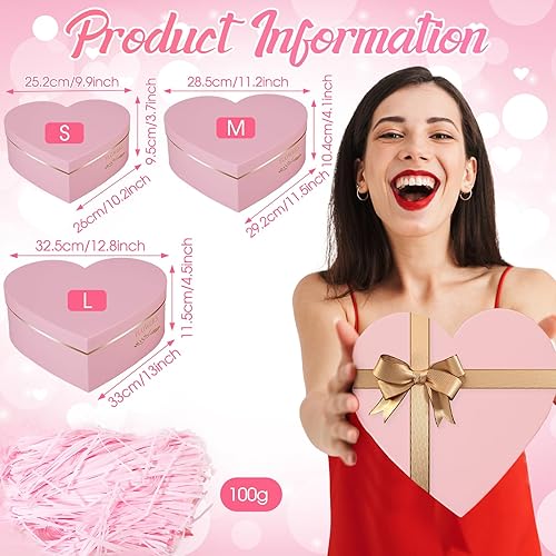 Miniatura 3 de Glenmal Juego de 3 cajas de regalo en forma de corazón con cuerdas LED y relleno de papel triturado de 3.53 oz, cajas de regalo decorativas para el