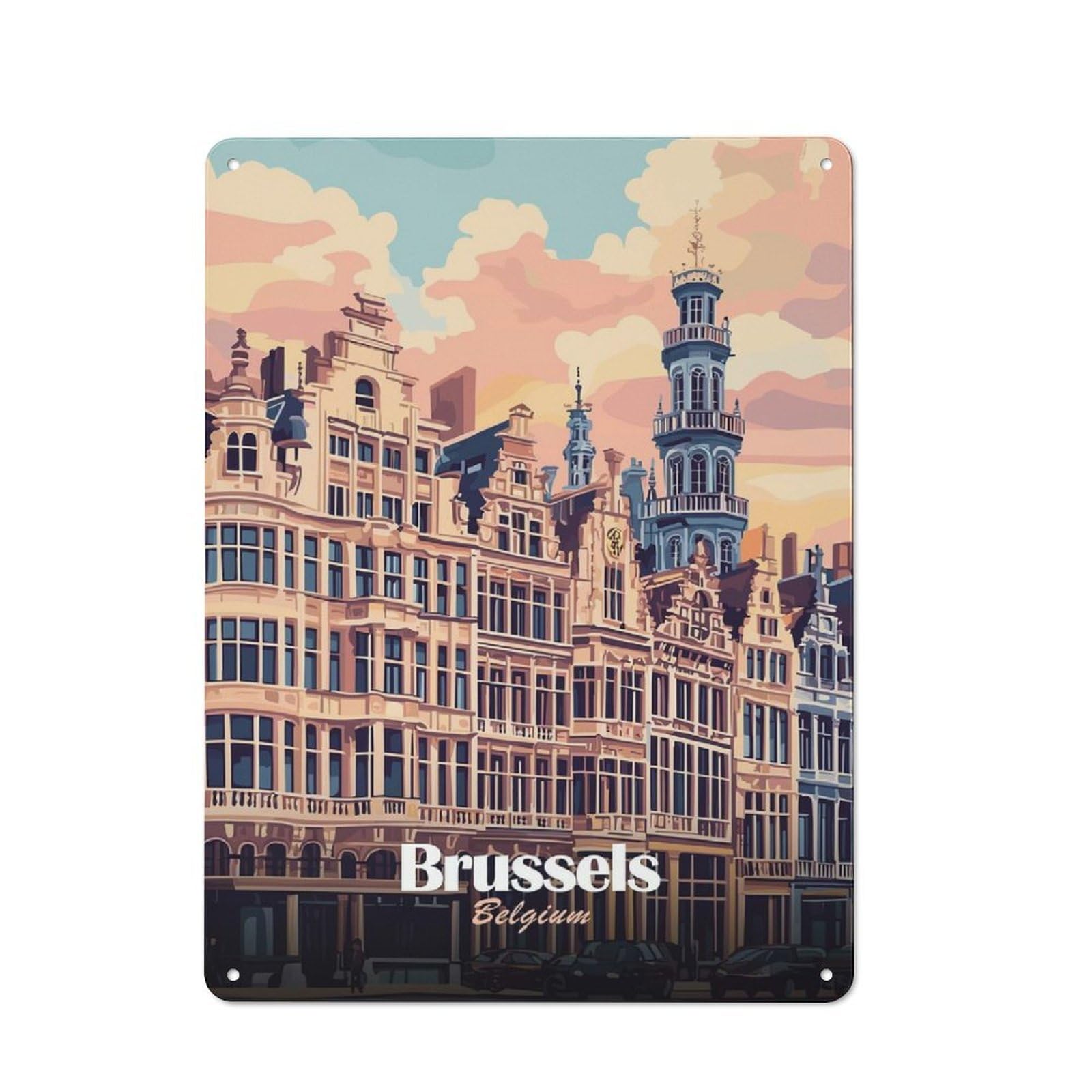 Junmoney Style-6 Brussels, Belgium Cityscape Art(2) Vintage Metal Sign 40X30cm, Vintage Cafe Wall Decor For Takeaway, Bar, Kitchen Or Counter Area