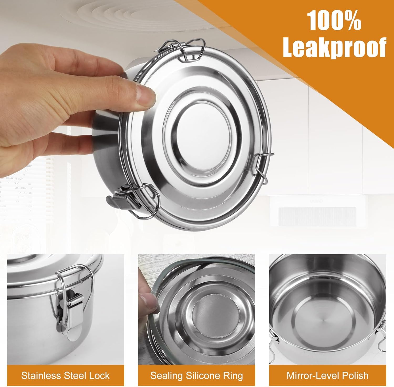 SENENQU 3 PCS 304 Stainless Steel Food Storage Containers With Lids, Airtight Kimchi Snack Containers, Smell-Proof Perfect For Camping Trips, Lunches, Leftovers, Soups, Salads - Image 3