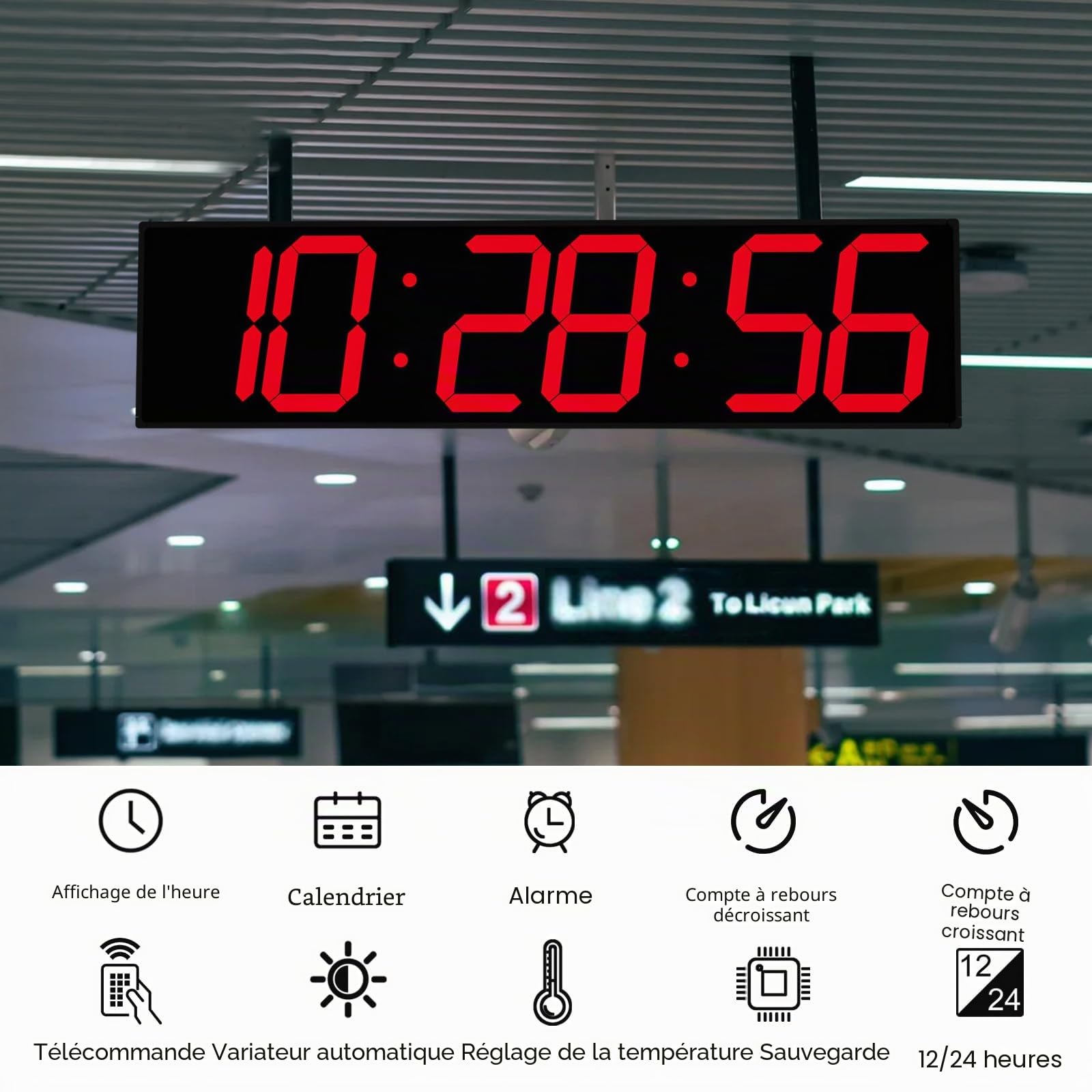 CHKOSDA Horloge murale numérique double face de 70,1 cm, grande horloge LED multifonctionnelle avec minuterie, affichage de la température et de la date, horloge numérique à suspendre pour couloirs