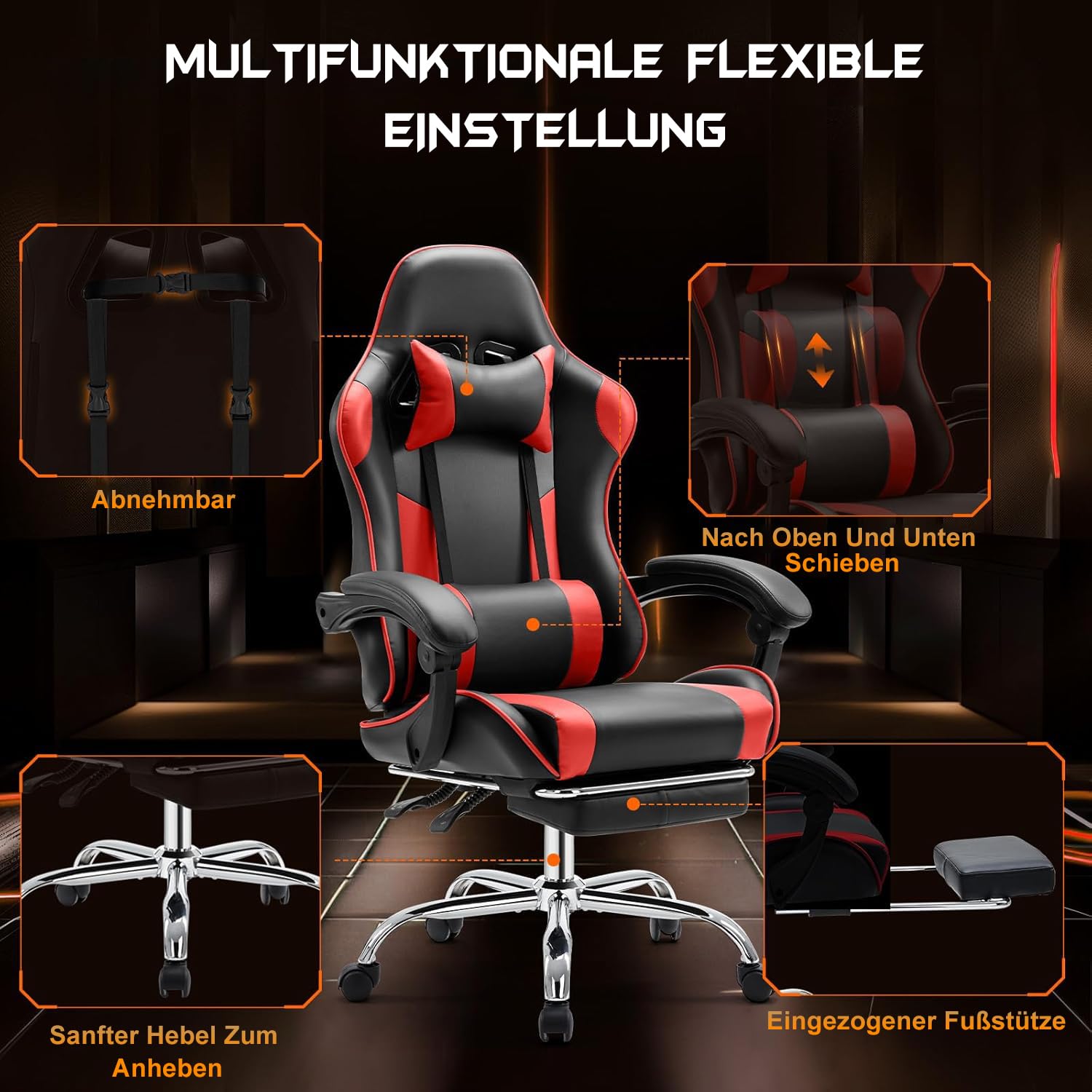 DUMOS Sedia da gaming, ergonomica, con poggiapiedi, in policarbonato, traspirante, con cuscino lombare regolabile, cuscino e braccioli, portata 150 kg