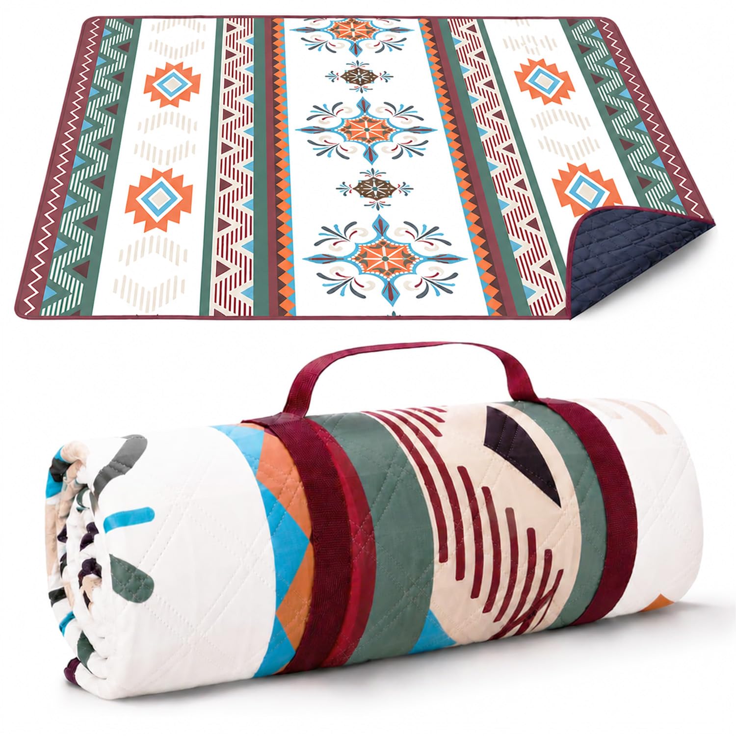 Coperta da picnic impermeabile, 200 x 200 cm, senza sabbia e lavabile, imbottita e portatile, grande per spiaggia, barbecue, escursioni, campeggio, coperta da picnic (Boho)