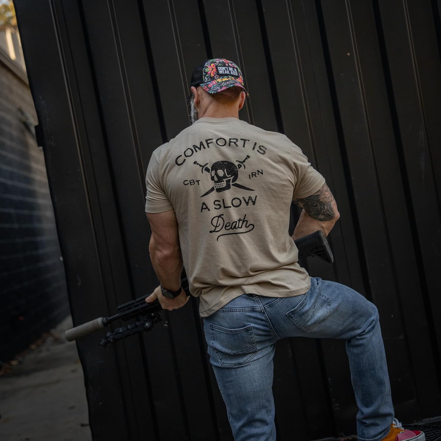 Combat Iron Men's Graphic Short Sleeve T-Shirt | Comfort is A Slow Death Skull Graphic Tee | Athletic Fit Shirt