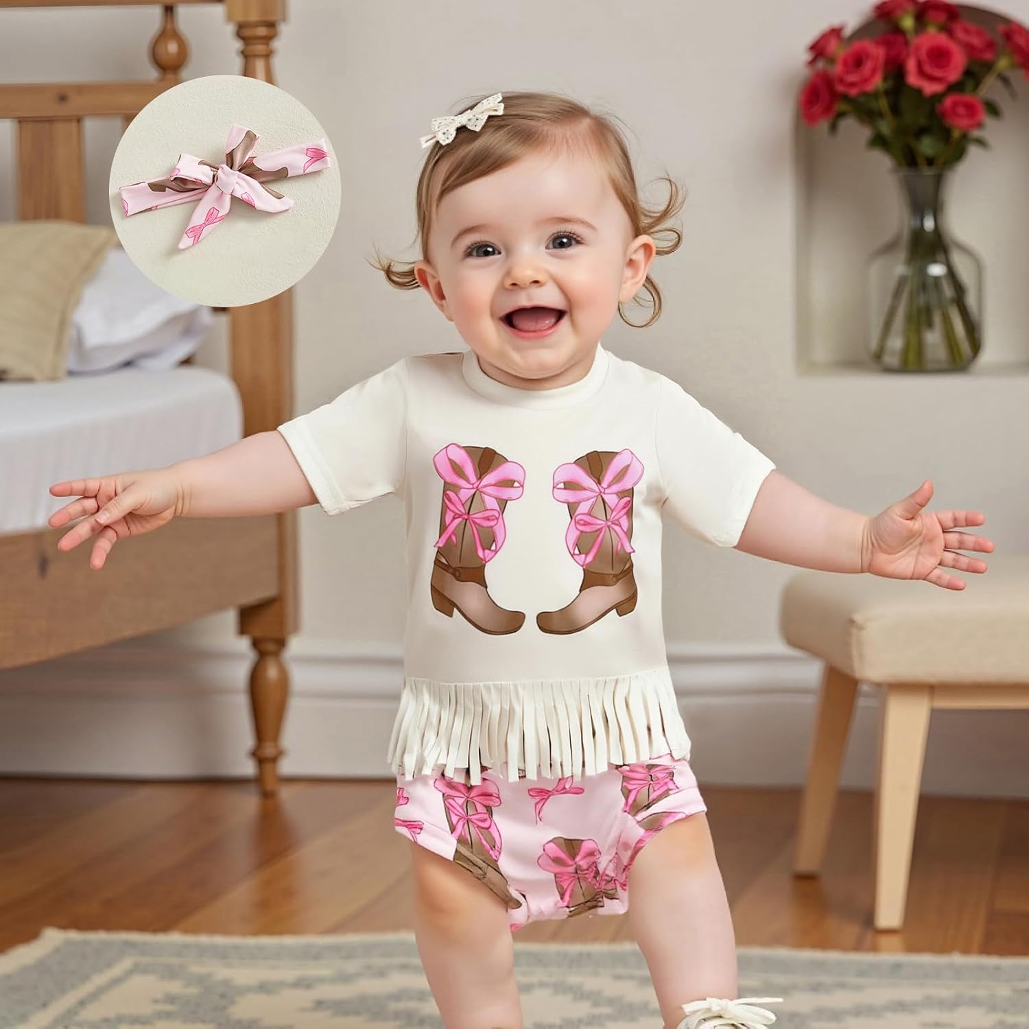 Owl's-Yard Infant Baby Girl Western Outfit Cow/Boot Short Sleeve Tassel T-shirts with Elastic Waist Shorts Tie-up Headband