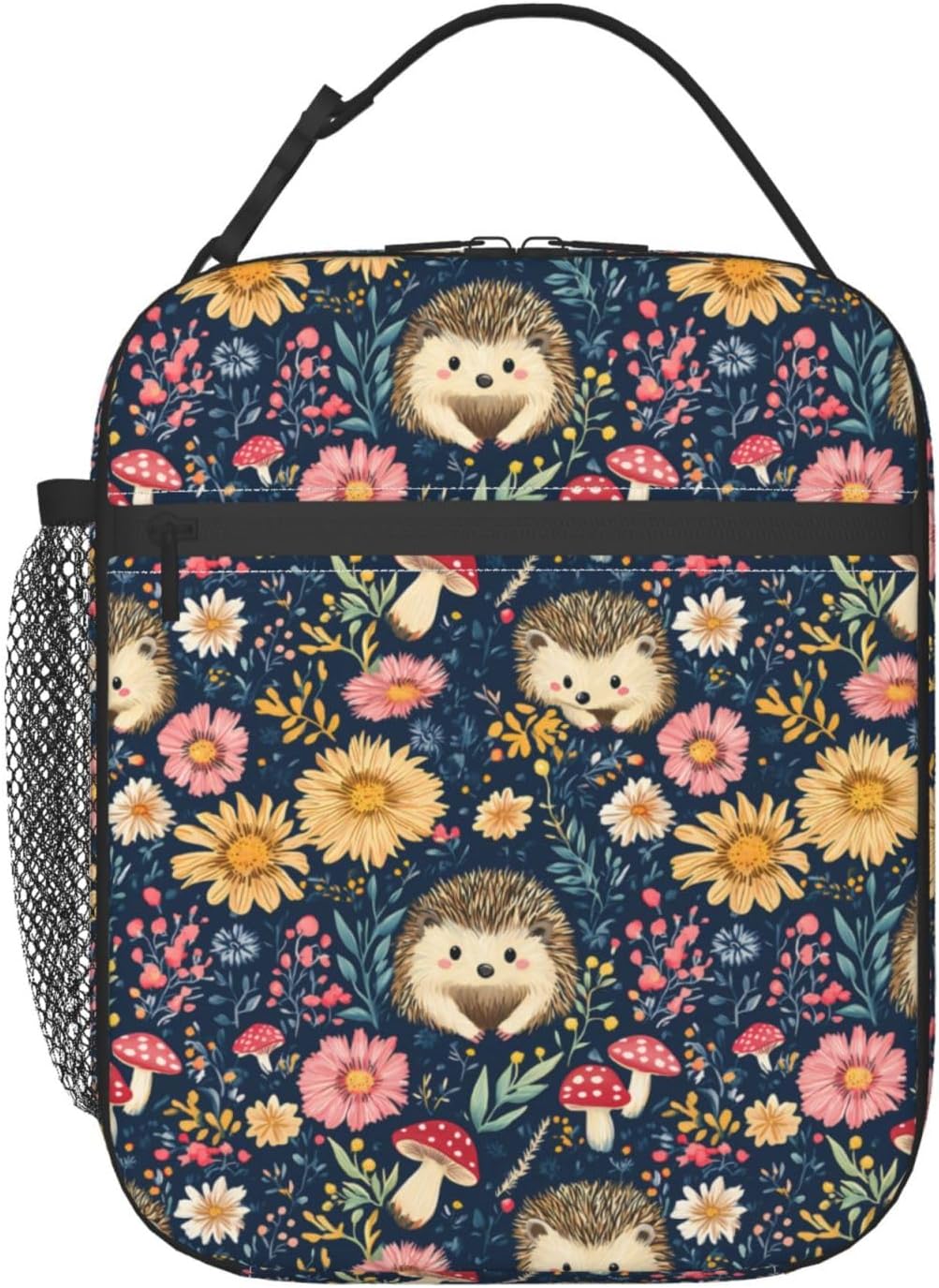Reusable Hedgehog and Floral Lunch Box for Kids Girls Boys Women Adult, Insulated Cute Woodland Lunch Bag,Polyester Cooler Handbags Case for School Picnic Work Travel Beach or Hiking