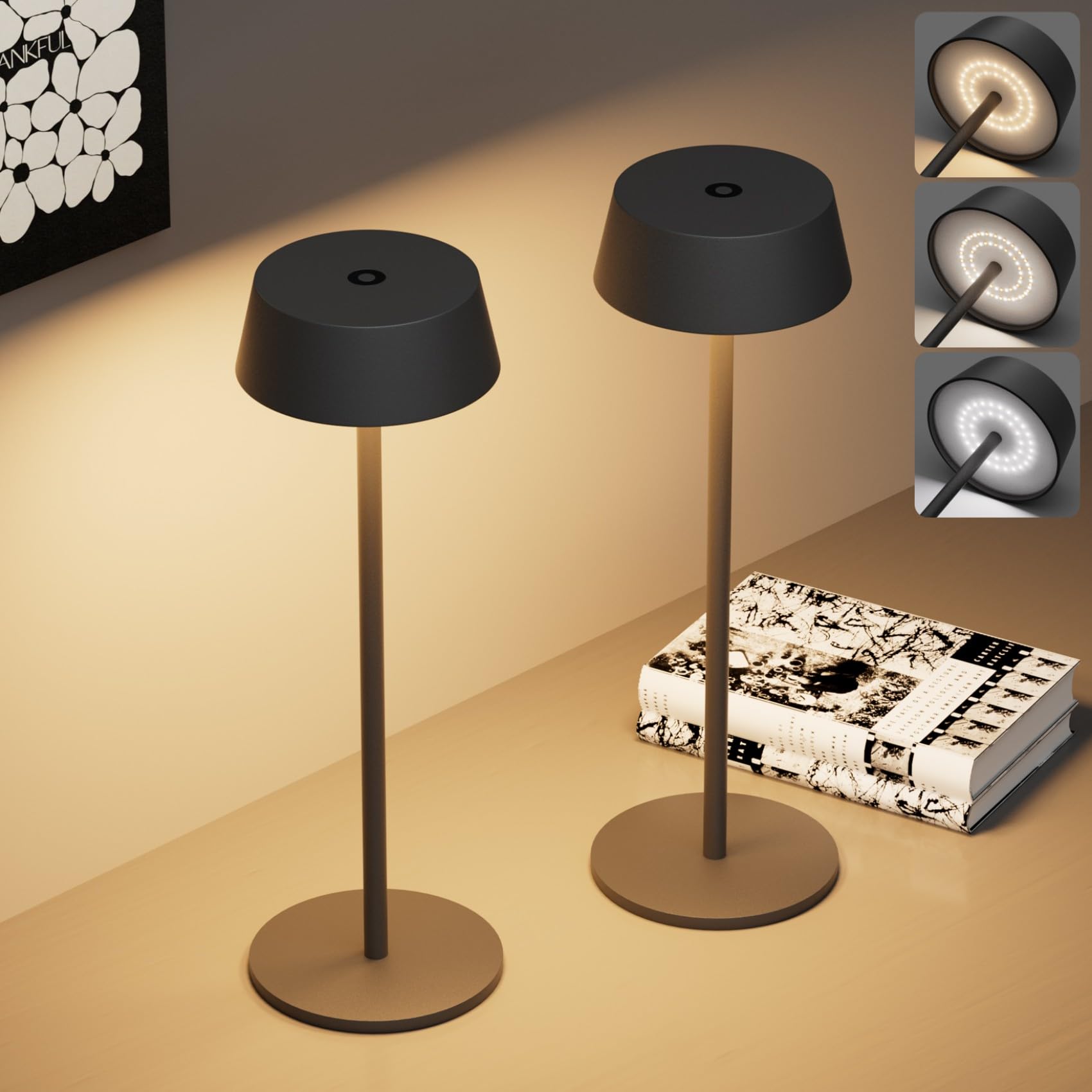 Klighten 2 Piezas LED Recargable Lámpara de mesa con batería, Regulable Antracita Lámpara de escritorio Aluminio con USB-C Carga para Interiores y Exteriore, 3000K/4000K/6000K, IP54
