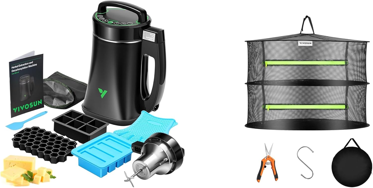 VIVOSUN Herbal Decarboxylation and Infusion Machine and 2-Layer Mesh Drying Rack Hanging Design with Green Zippers for Dehydrating, Indoor and Outdoor Pruning Shears Included