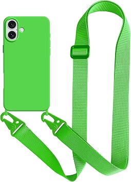 UnnFiko For iPhone 17 Case, Neck Strap, Smartphone Case, Fluorescent Color, Silicone, iPhone 17, Simple, Soft, Protective Cover, Mobile Strap Included, Crossbody Design, Light Green