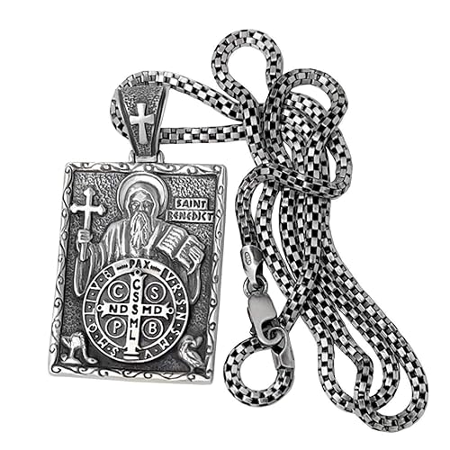 Miniatura 3 de St Benedict Sterling Silver 925 Medal Pendant with Chain Handcrafted