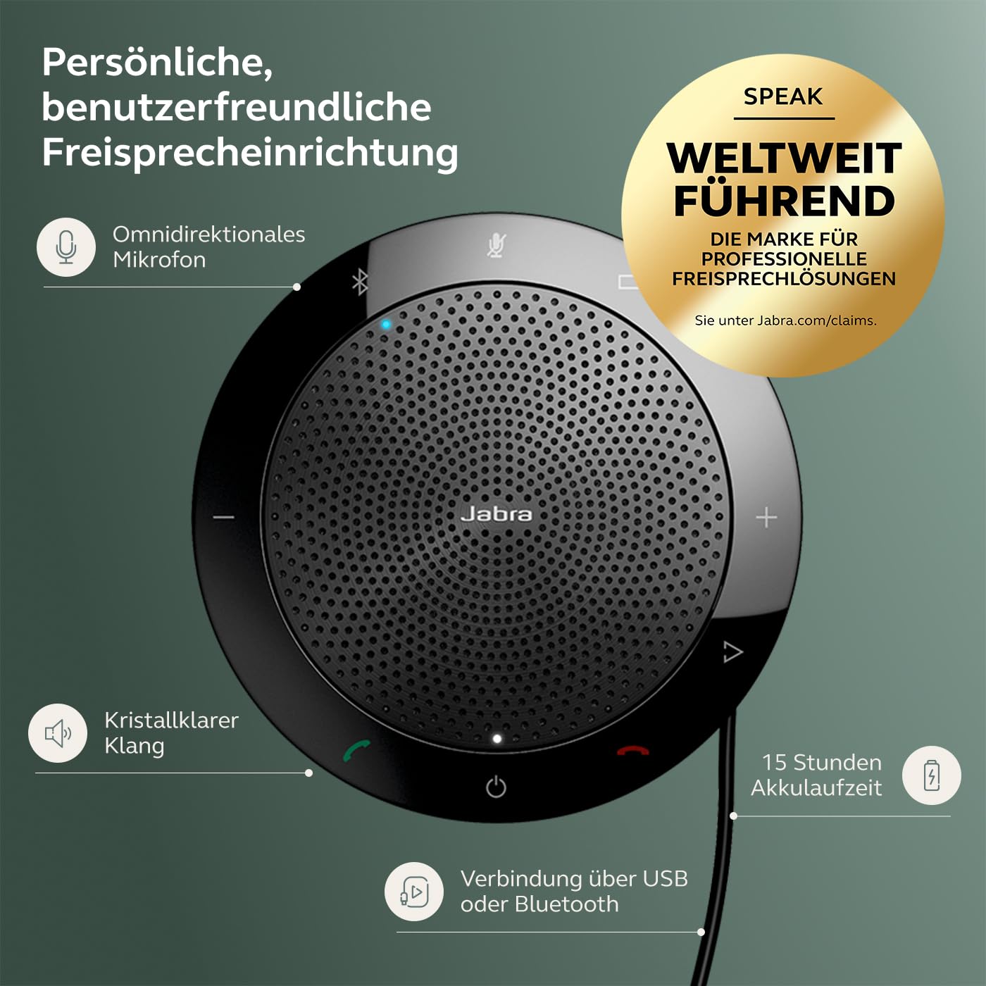 Jabra Speak 510 Konferenzlautsprecher, Unified Communications zertifizierter tragbarer Lautsprecher mit USB-Anschluss, Für Laptop, Smartphone und Tablet