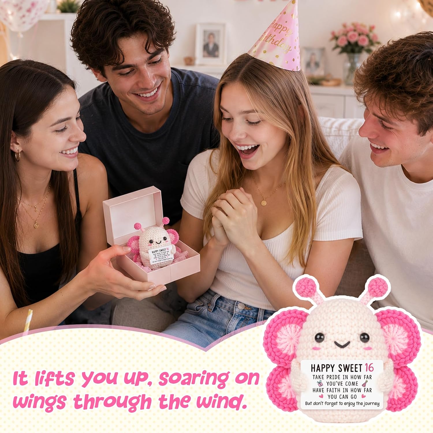 Sweet 16 Gifts for Girls, Positive Crochet Pink Butterfly for 16th Birthday image 2