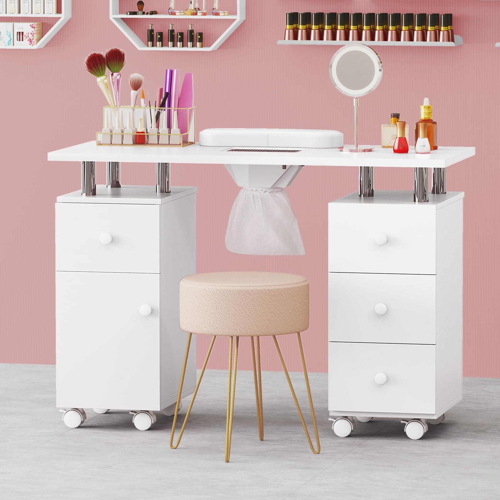 DREAMADE Manikürtisch, Nageltisch mit Staubabsaugung & 3 Staubbeuteln, Nagelstudio Tisch mit Handauflage, Schubladen, Schrank, Maniküre Tisch auf Rollen für Zuhause, Studio, Schönheitssalon (Weiß)