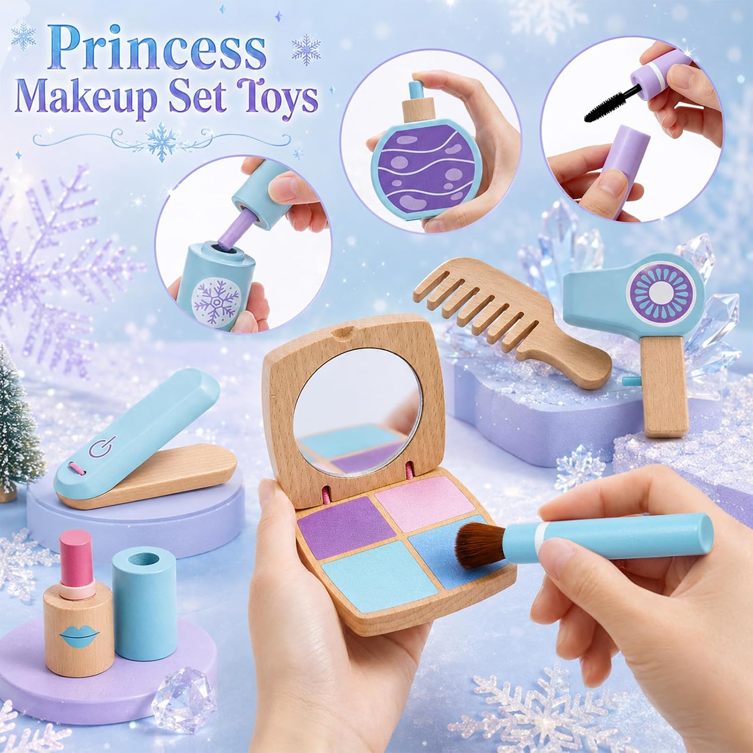 Lonico Wooden Makeup Toy Set for Girls Pretend Play Makeup Kit for Toddlers 3-5, Beauty Salon Play Set Princess Birthday Kids Toys for Girls Ages 3 4 5 6 Years Old