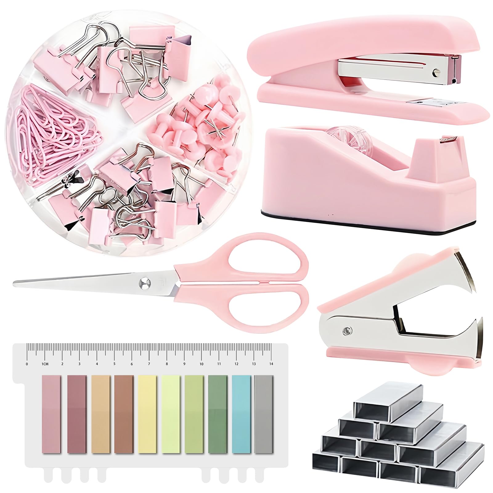Fournitures de Bureau Roses: Ensemble de Fournitures de Bureau, Kit d'accessoires de Bureau avec Agrafeuse, Distributeur de Ruban Adhésif, ôte-agrafes, Clips, Ciseaux, Onglets