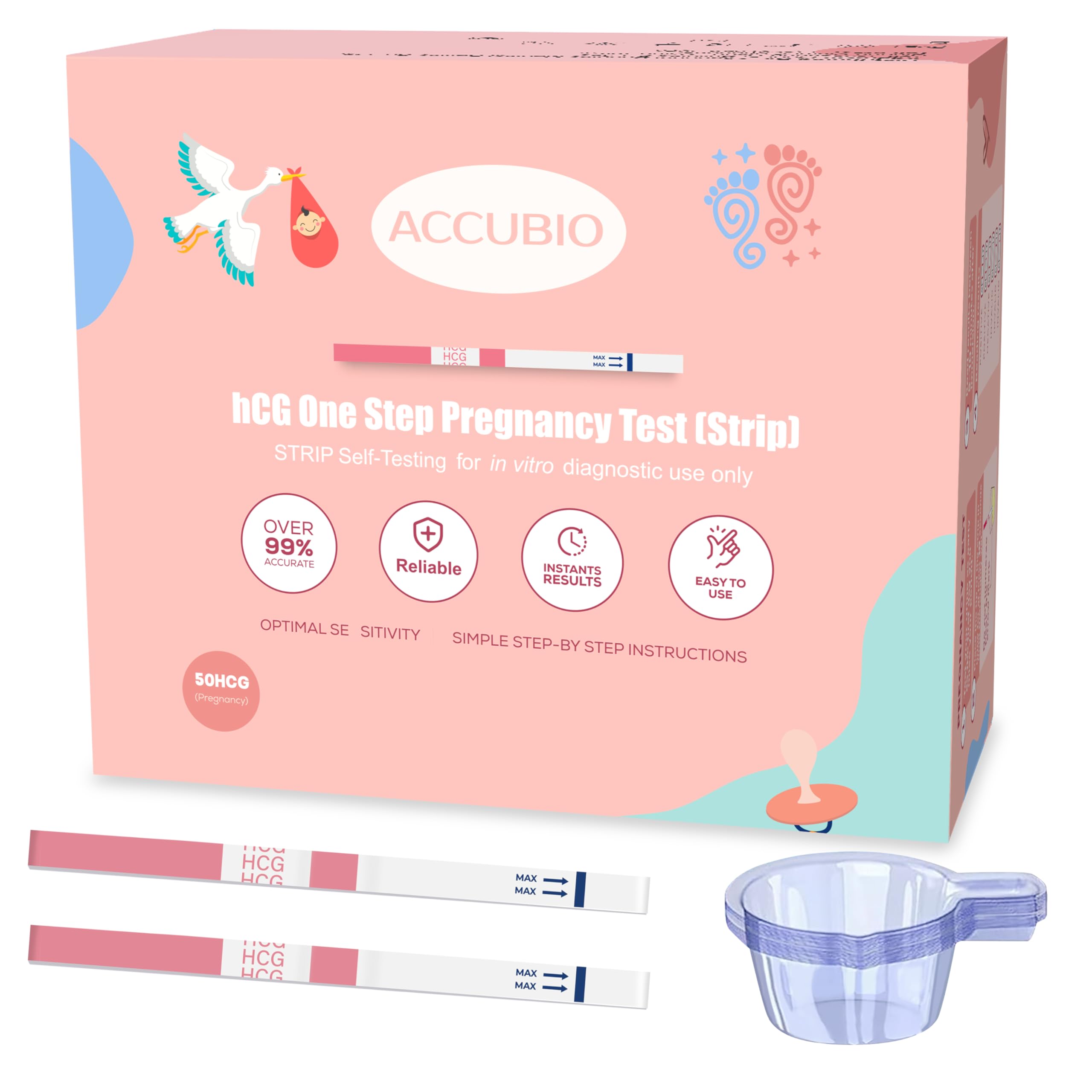 ACCUBIO 50 Pregnancy Test Strips with Urine Cups