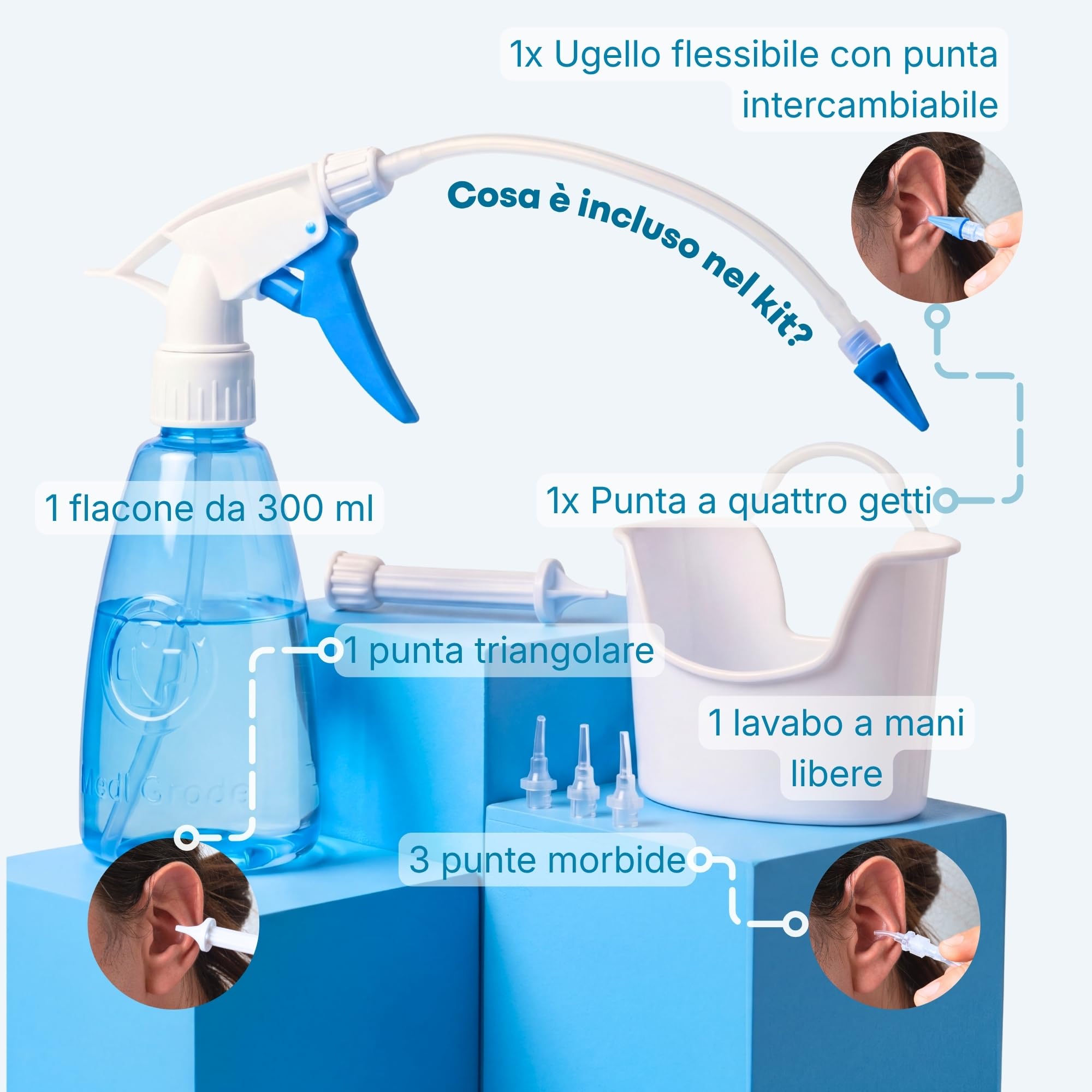 Medi Grade Kit per Pulizia Orecchie 300ml – Apparecchio per Rimozione Tappi Orecchie – Kit Eco-Friendly Cerume Orecchie Pulitore – Migliora Naturalmente l’Udito