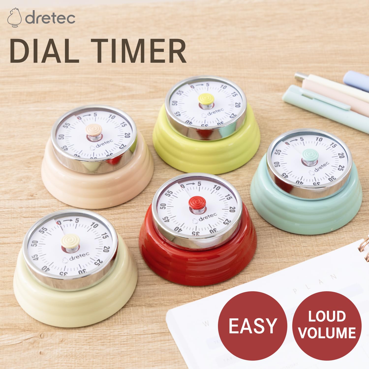 dretec Dial Timer, Analog Timer, Retro, Cute, Study, Cooking, Loud Volume, Automatic Stop, Up to 60 Minutes, Green, Lime Green, Yellow-Green
