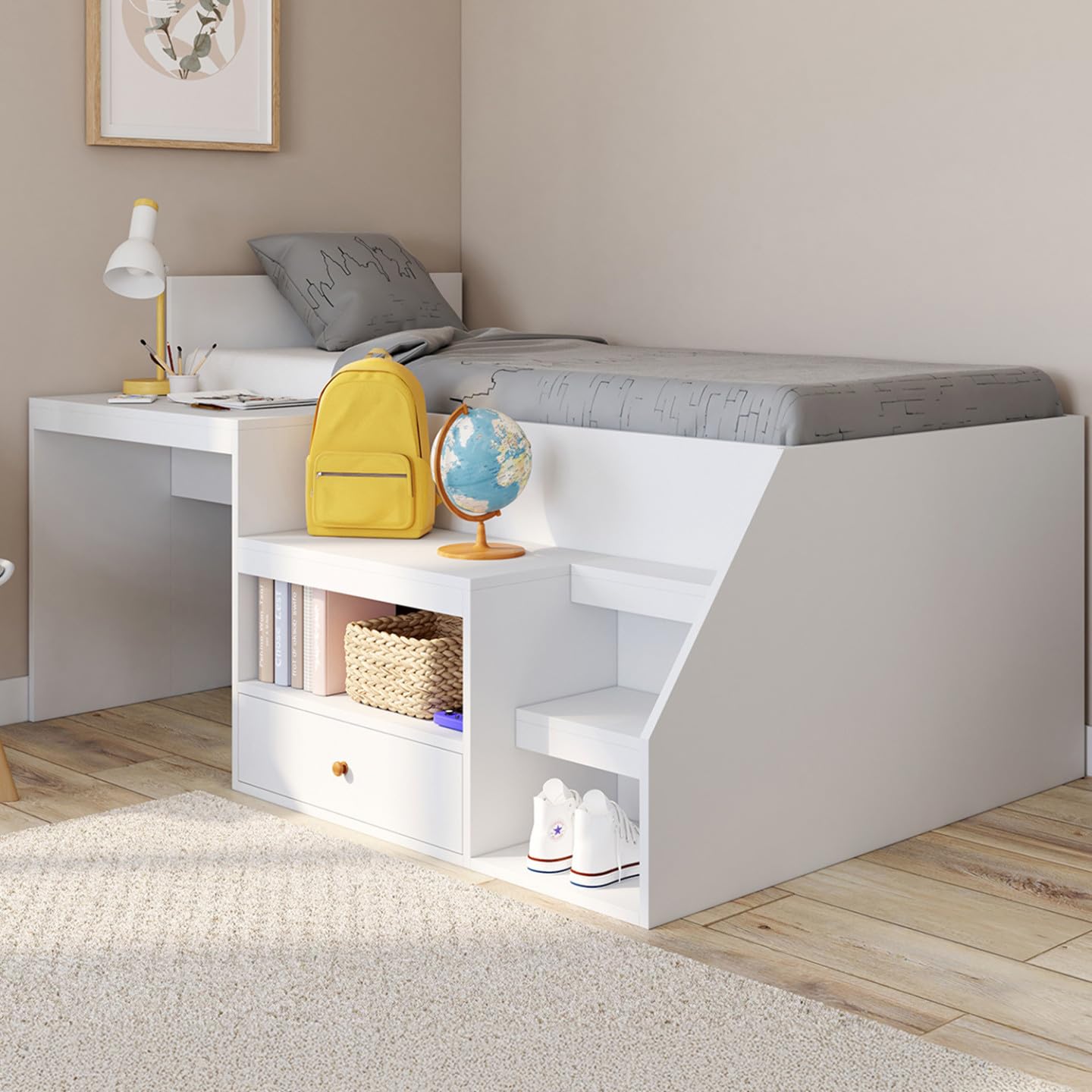 IDMarket - Cama combinada con somier, escritorio y almacenamiento Leopold 90x190 cm, color blanco