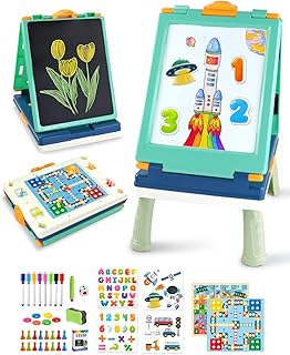 Elovien Easel Kids,Tabletop Easel for Toddler, Foldable 4 in 1 Double Sided Kids Art Easel with Chalkboard & Magnetic Whiteboard,Portable Desktop Drawing Board - Gift for Boys and Girls (Green)
