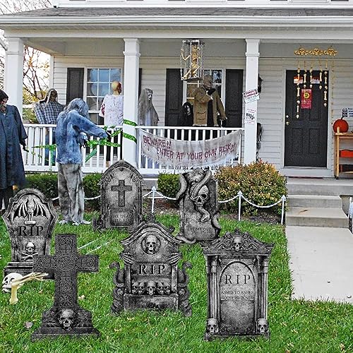 Miniatura 6 de Decoraciones de Halloween lápidas de cementerio al aire libre 6 lápidas grandes para decoración de Halloween, letreros de patio con estacas, 16