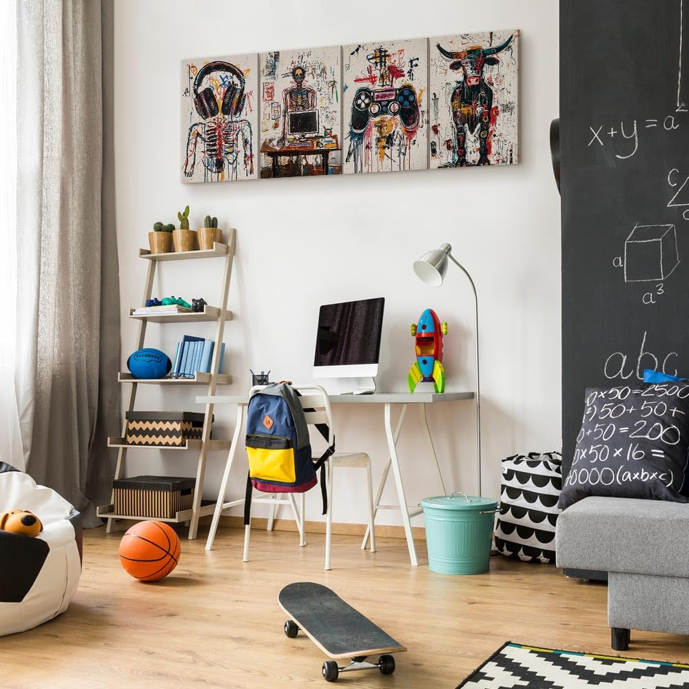 murando - Set di 4 Quadri Fonoassorbenti Decorativi Componibili Graffiti Musica e Gaming 240x90 cm Ciascuno delle Dimensioni di 60x90cm - Collage - Quadro Moderno - Protegge da Rumori i-H-10011-b-a