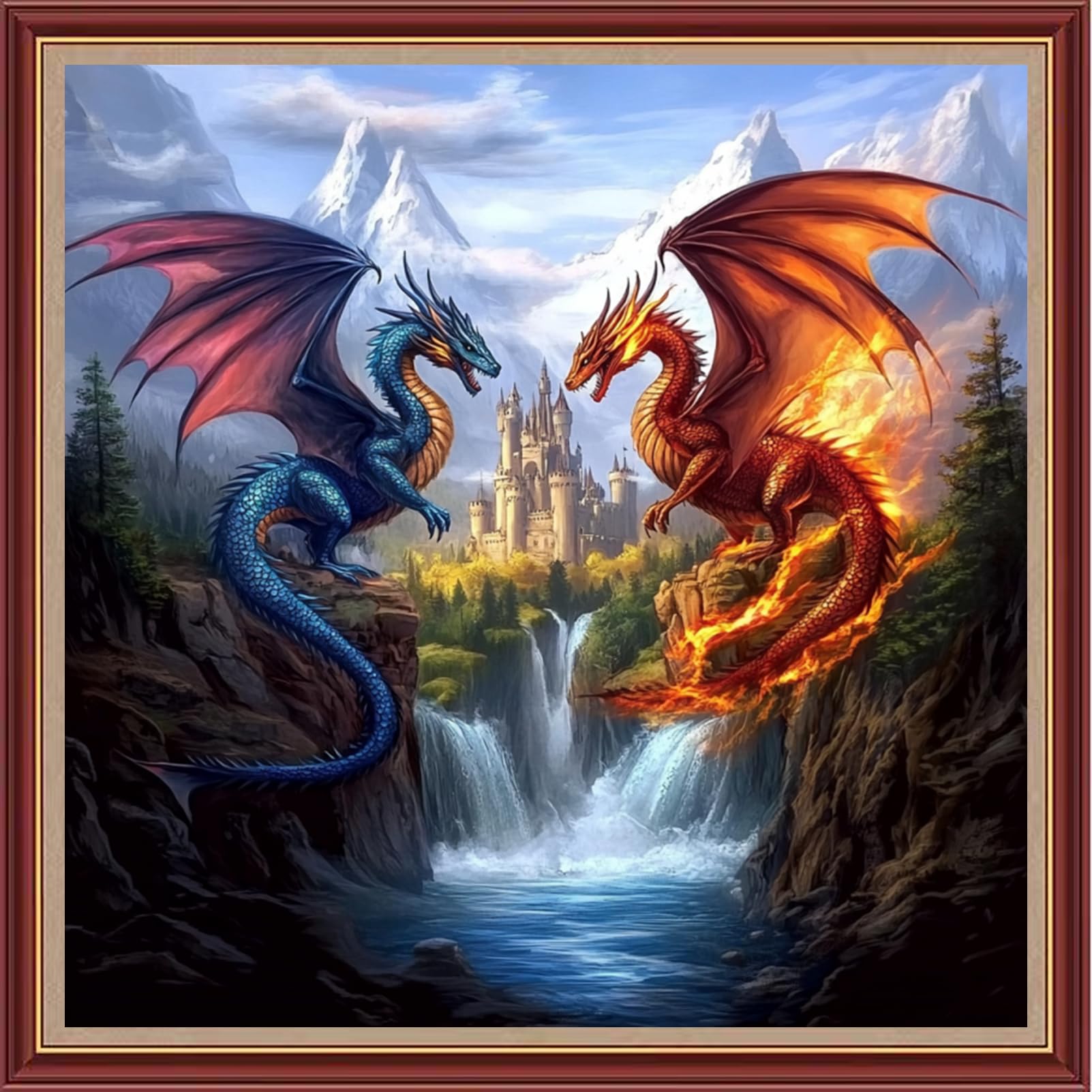Dooxvey Cross Stitch Kits for Adults Beginners,Full Range of Cross-Stitch Stamped Kits Needlepoint Kits for Beginners Embroidery Kits 11CT Cross Stitch Patterns-Fire and Water Dragon Castle 18x18 inch