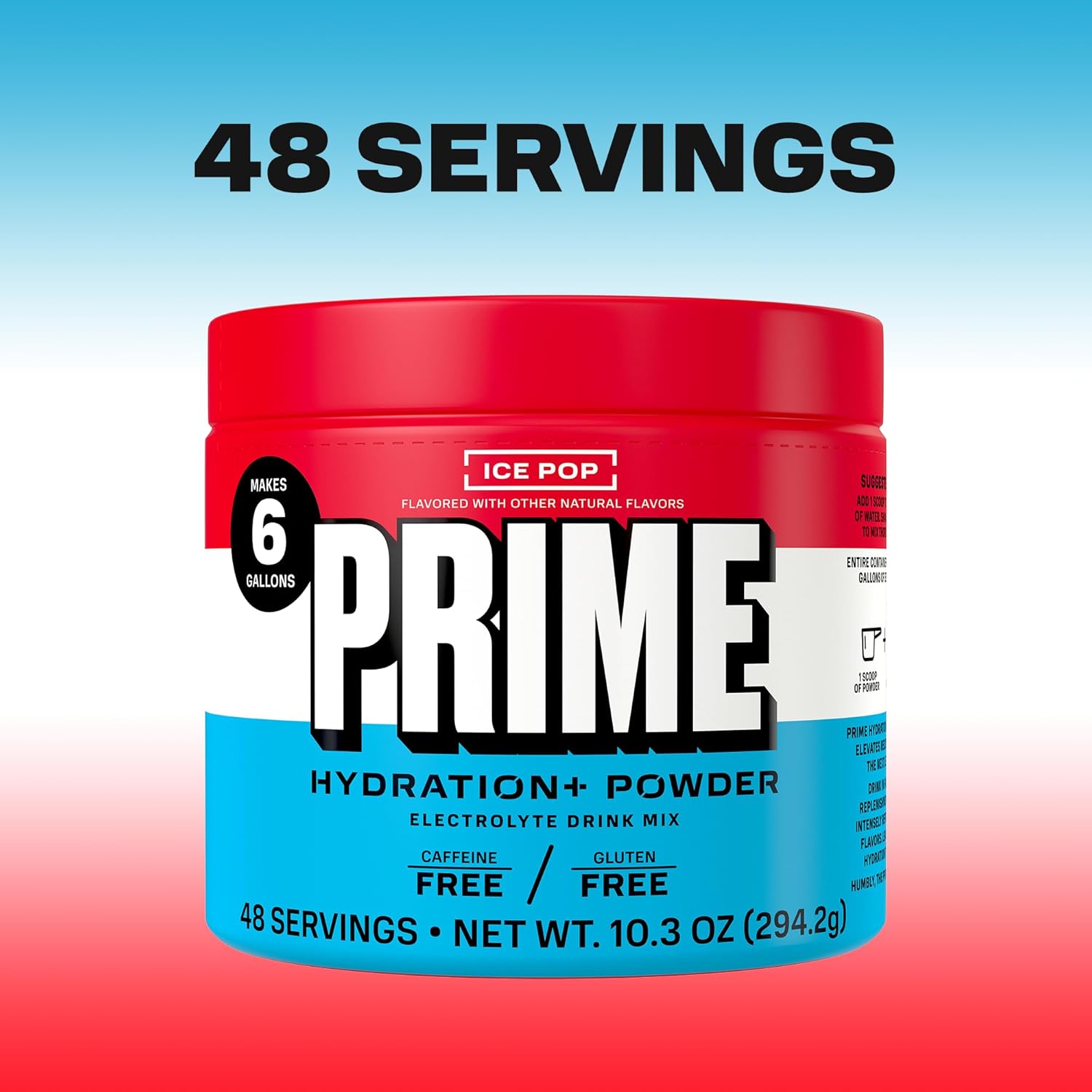 PRIME HYDRATION+ Electrolyte Powder, Ice Pop, Sugar Free Hydration Drink Mix with Potassium, Magnesium & B Vitamins to Replenish Fluids, Caffeine Free, 6 Gallon Tub, 48 SRV
