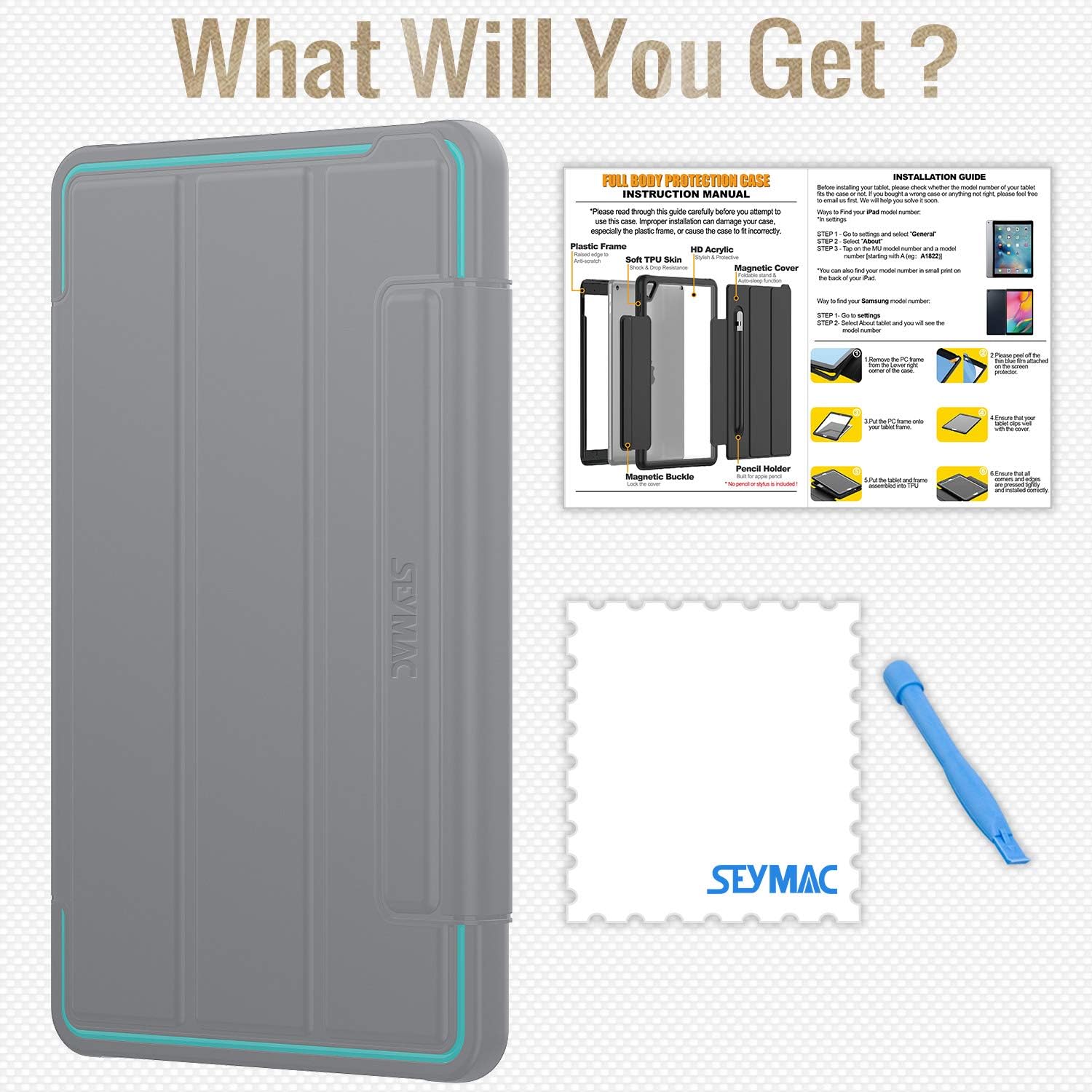 SEYMAC stock Case for Samsung Galaxy Tab A 8.0 Case (SM-T290/T295/T297), Shock-Proof Lightweight Cover with [Screen Protector] Stand [Clear Backing] for Galaxy Tab A 8.0’’ 2019 (Gray/SkyBlue)
