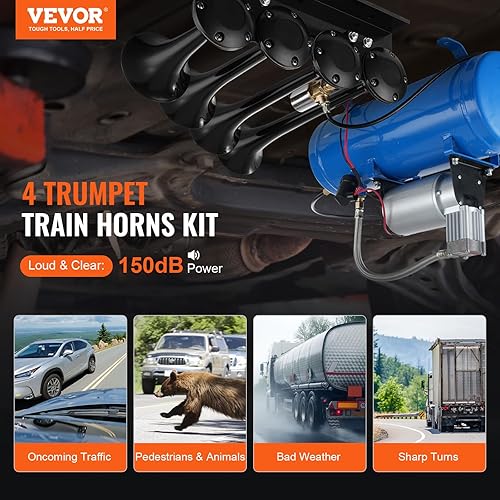 Miniatura 2 de VEVOR Kit de bocinas de tren, kit de 4 bocinas de aire de trompeta, bocinas de tren de 150 dB para camionetas, compresor de aire de 12 V, 120 psi,