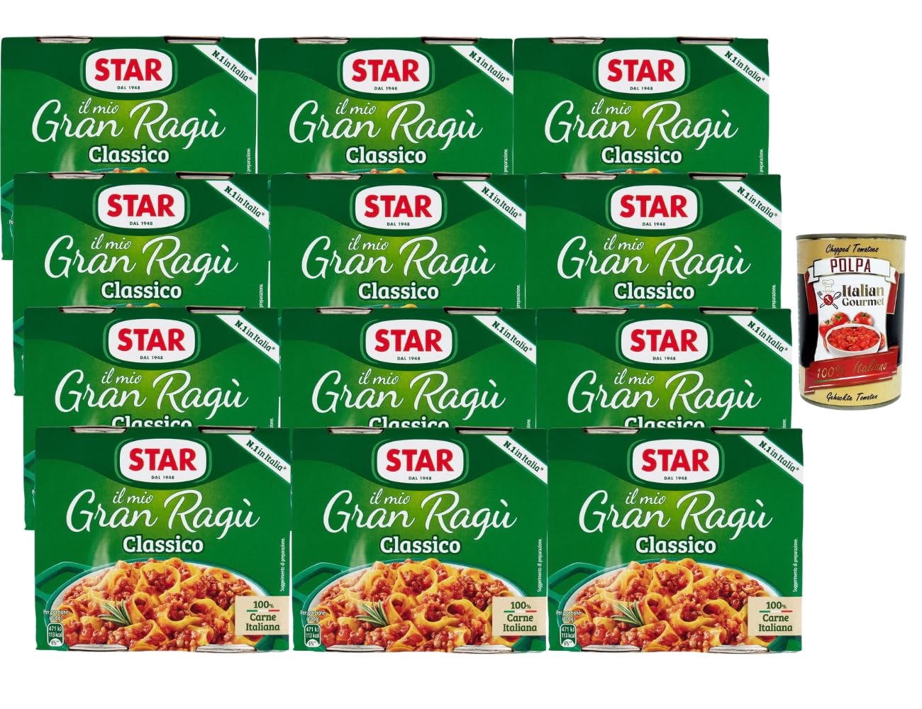 Italian Gourmet Bundle Klassische Ragù Sauce 12x 2x 180g + Italian Gourmet Polpa Gratis – Italienischer Gran Ragù Classico mit 100% italienischem Fleisch, Pastasauce & Vorrat 4,32kg