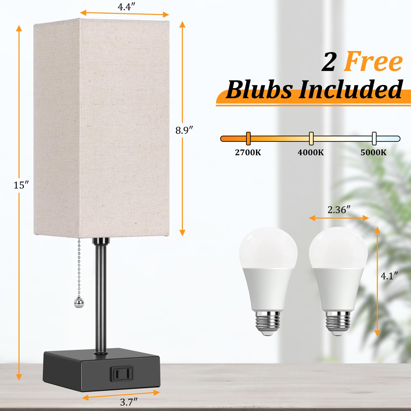 2 Stück 38,1 cm Tischlampen für Schlafzimmer, 3 Farben Nachttischlampen mit Zugkette, Tischlampen für Nachttische mit AC-Stecker, kleine Nachtlichter mit 2 Glühbirnen