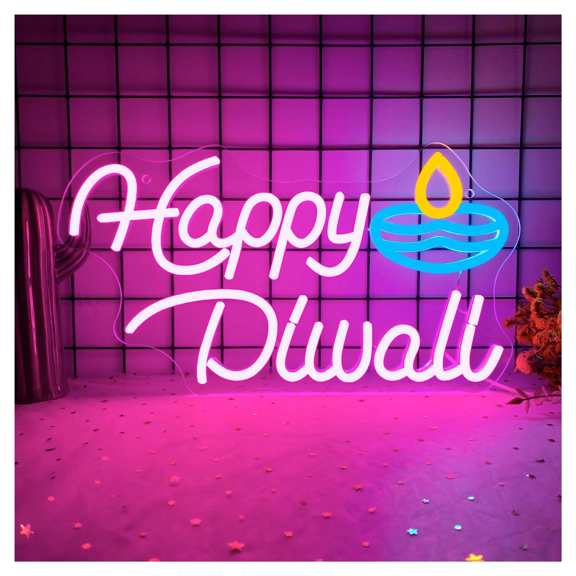 Lemst One Color Signs Lamp Happy Diwali Neon Sign, Festival Of Light Oil Lamp Shape Neon Light Signs, Neon Signs 40X22cm