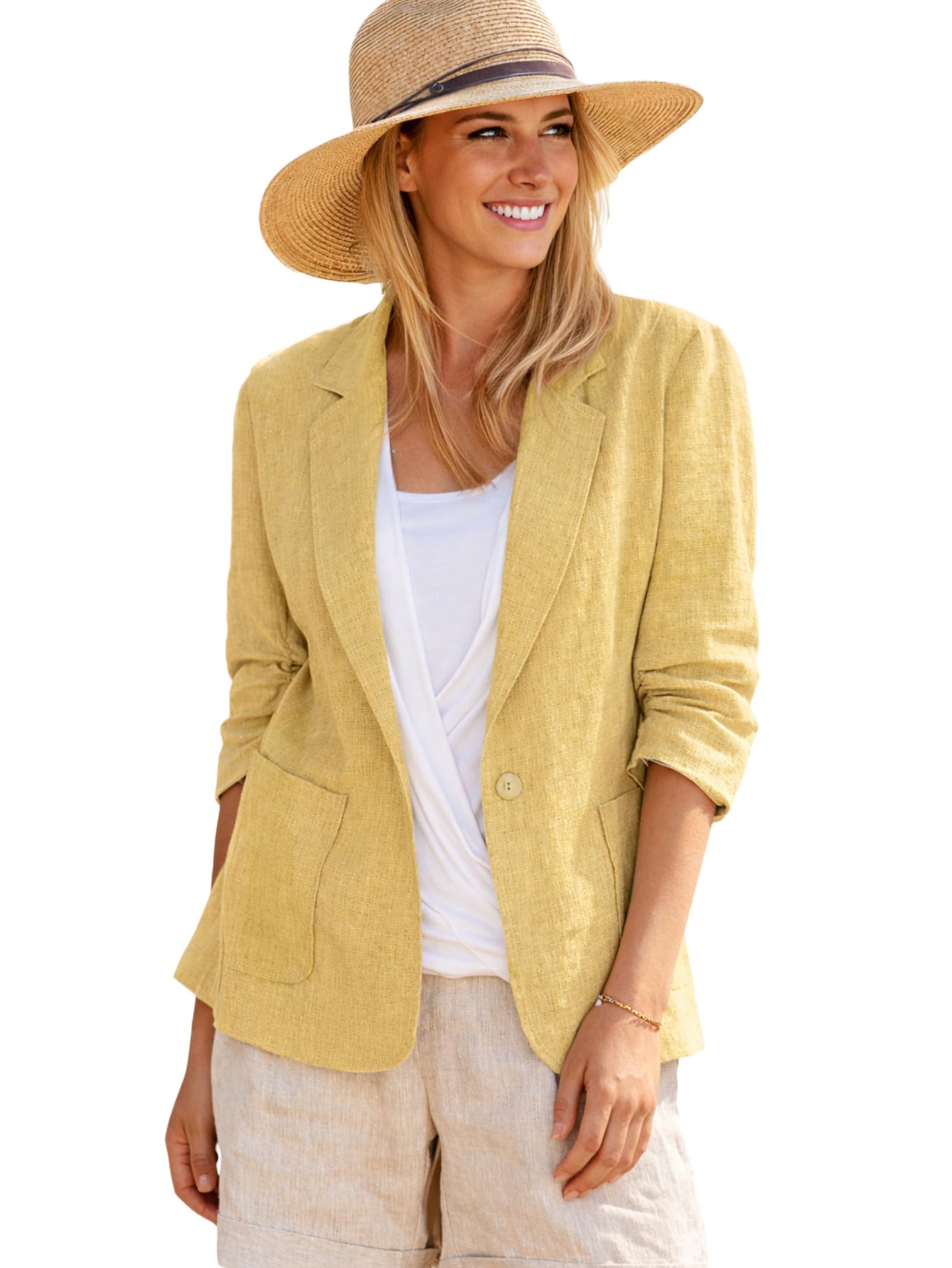 Mina Self 2026 Summer Linen Blazer Women - Lightweight Breathable 3/4 Stretchy Ruched Sleeve Casual Work Jacket with Pockets