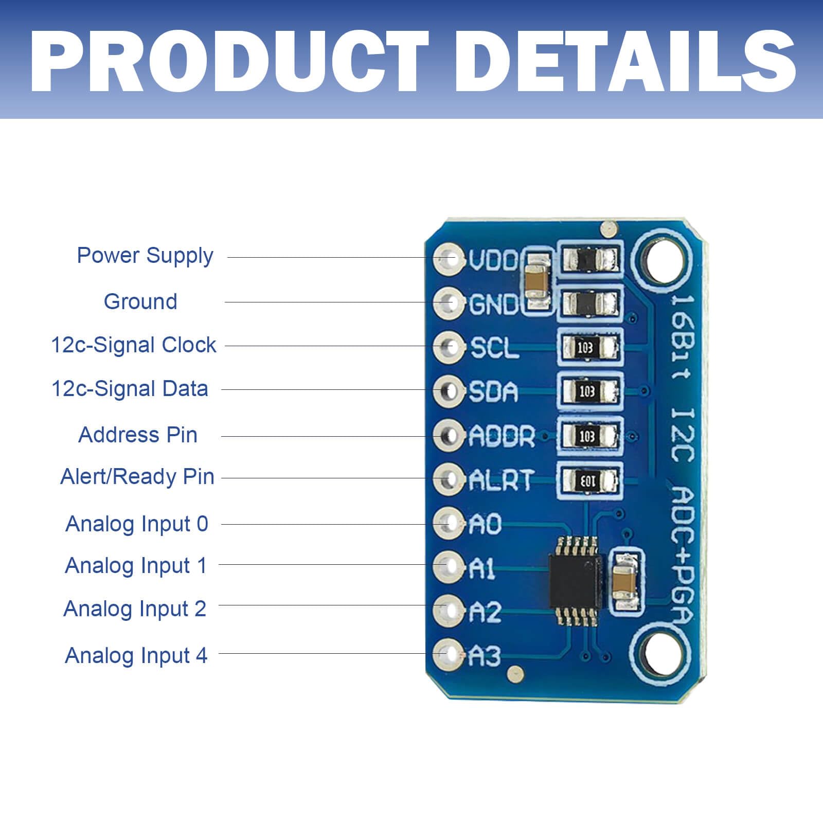 Modulo ADC 1115 ADS – (16 bit) Trasduttore digitale analogico a 4 canali per Arduino & Raspberry Pi – Modulo scheda di sviluppo (5 pezzi)