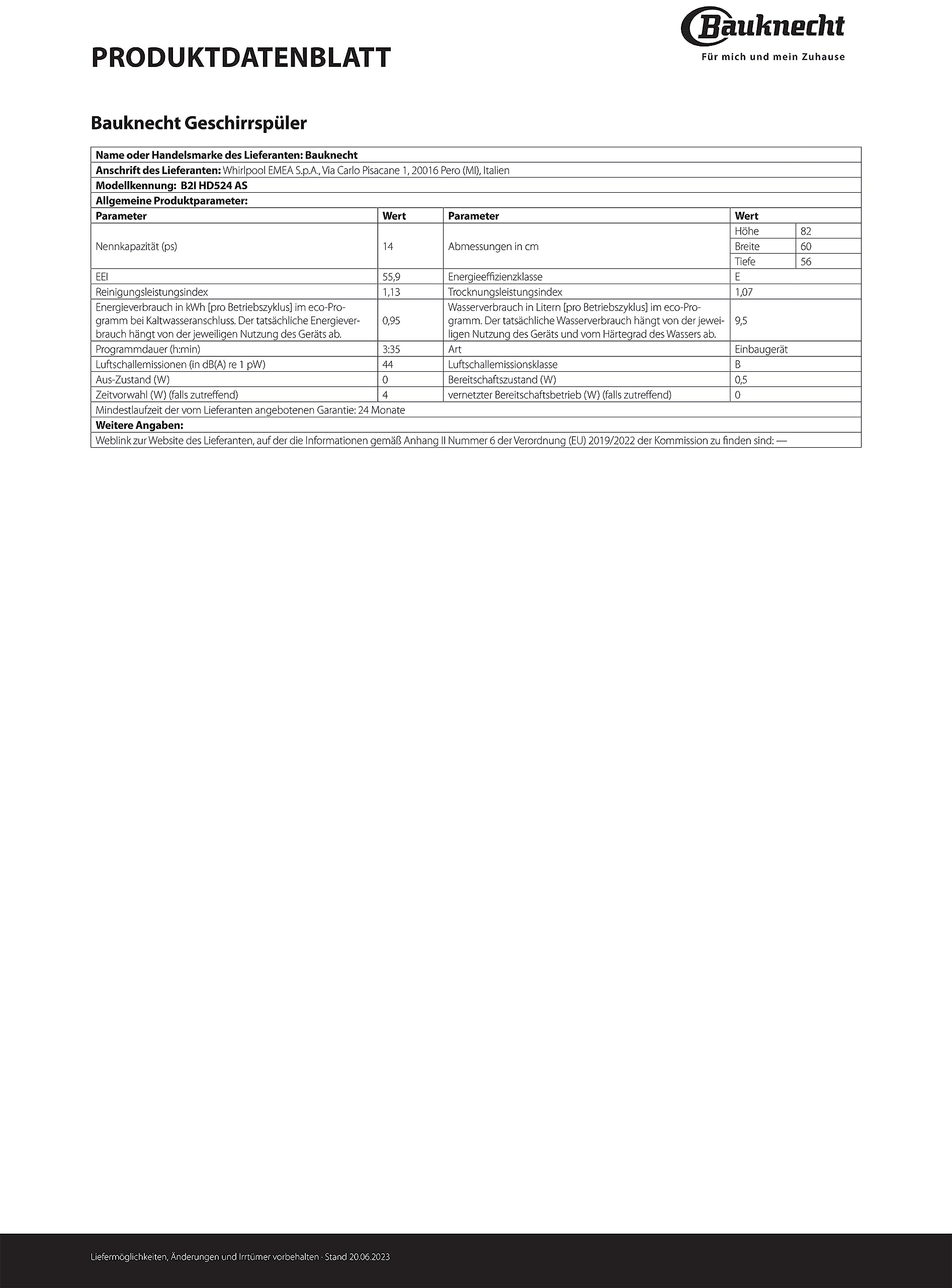 Bauknecht B2I HD524 AS Vollintegrierbarer Geschirrspüler 60 cm Edelstahl Hygiene-Programm Vollwasserschutz